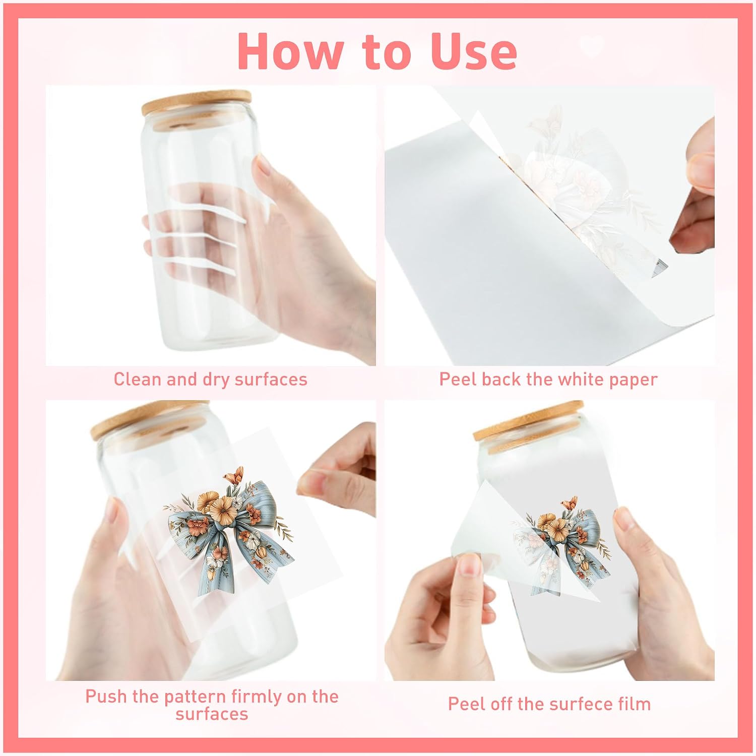 Bow UV DTF Cup Wraps - 16 Sheet Flower Bow UV DTF Transfer Stickers, Floral UVDTF Cup Wraps for Glass, Elegant Waterproof Transfer Sticker for Girls