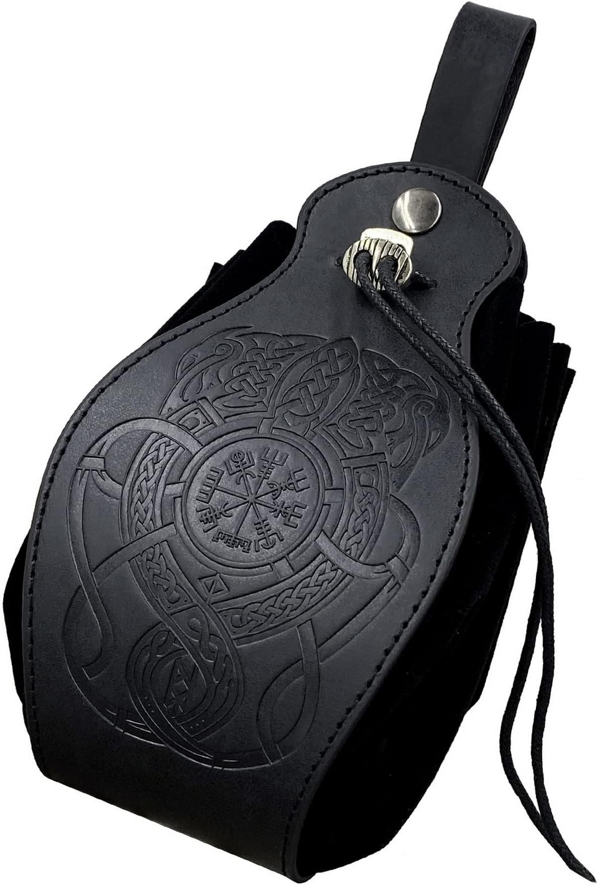Medieval Viking Belt Pouch Black Faux Leather Belt Bag Retro Portable Drawstring Purse Renaissance Dice Bag for LARP Ren Faire