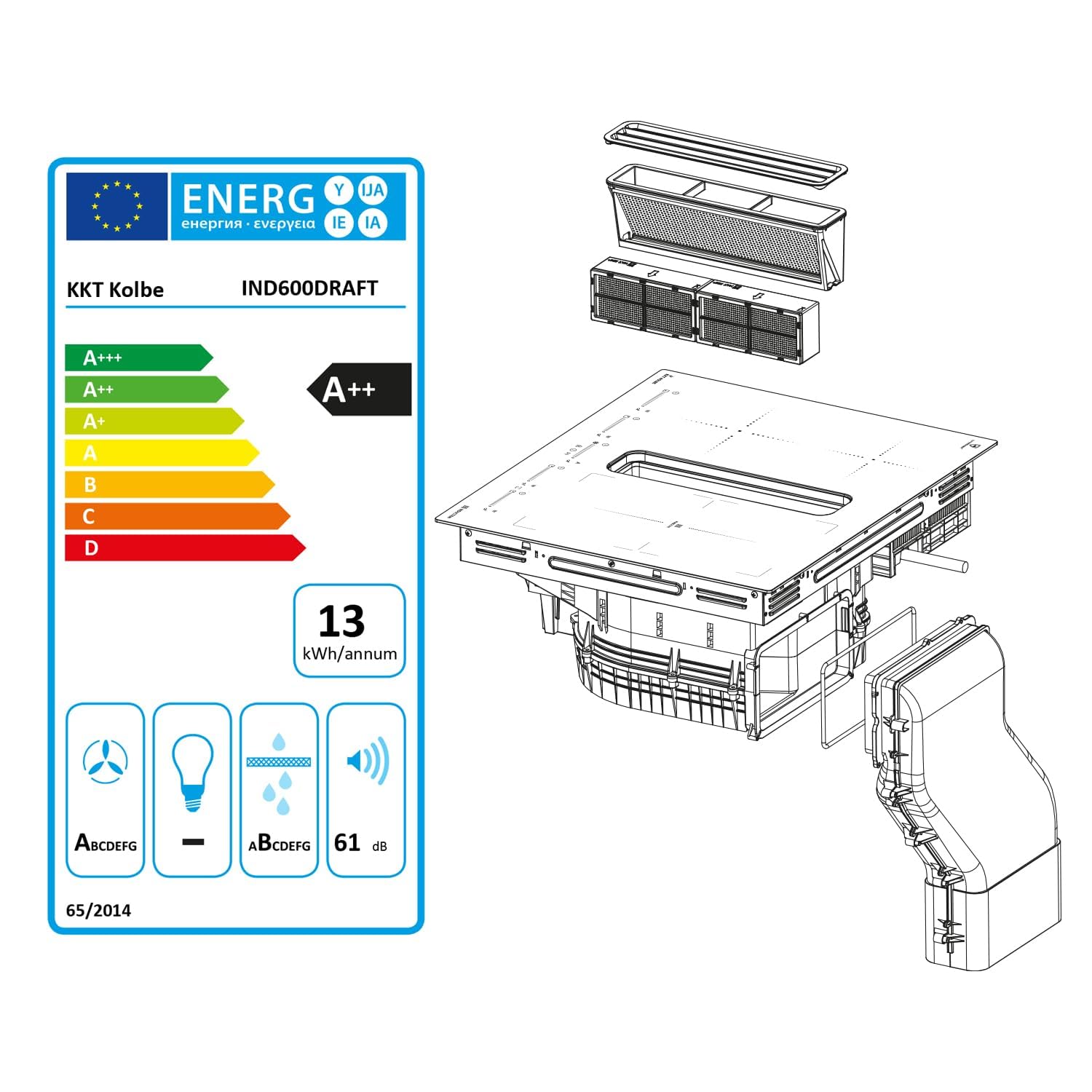 KKT KOLBE plaque induction avec hotte intégrée | 638 m³/h | 60 cm | 7,4 kW | 4 zones | 9 niveaux | sans cadre | IND600DRAFT