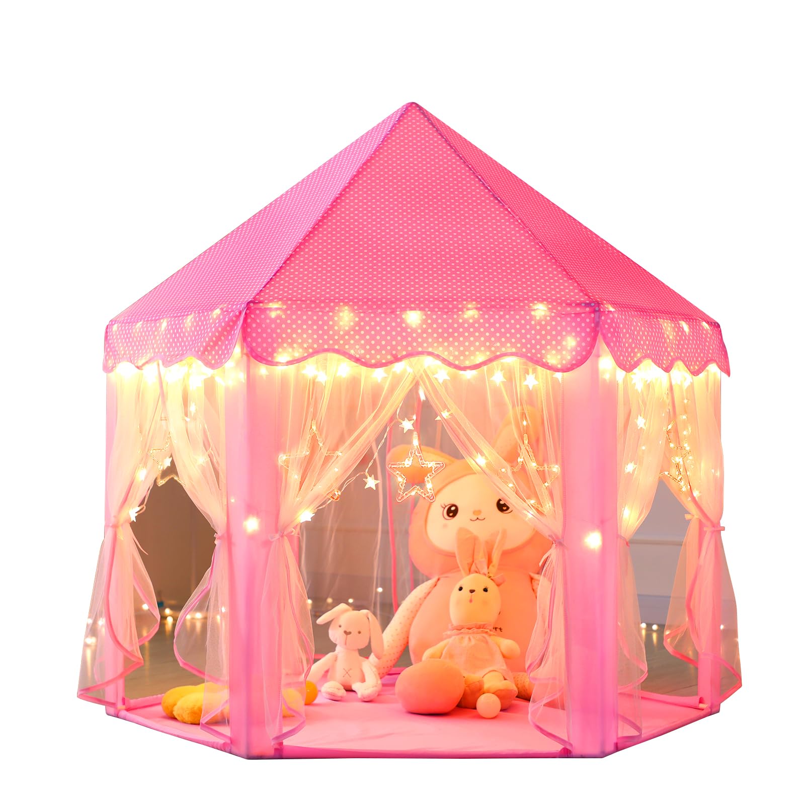 Monobeach Princess Castle Play Tent for Girls - Large 55'' x 53'' Playhouse with Star Lights for Indoor and Outdoor Play