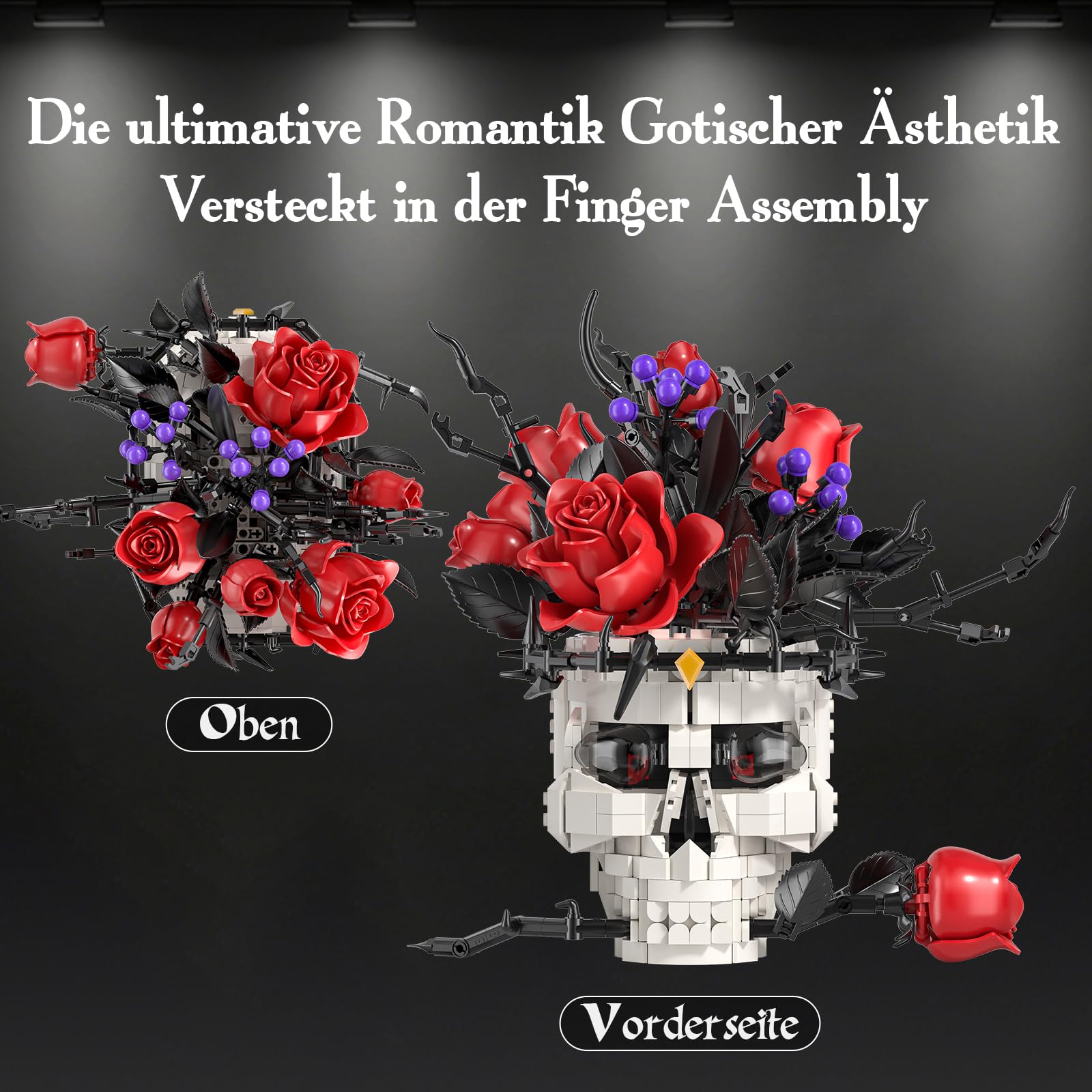 Rosen Klemmbausteine Blumen mit Totenkopf-Vase für Erwachsene, Gothic Deko | Klemmbausteine Set, Blumenstrauß Künstlich,Geschenke für Sie und Ihn zum Geburtstag Jahrestag Valentinstag Halloween Deko
