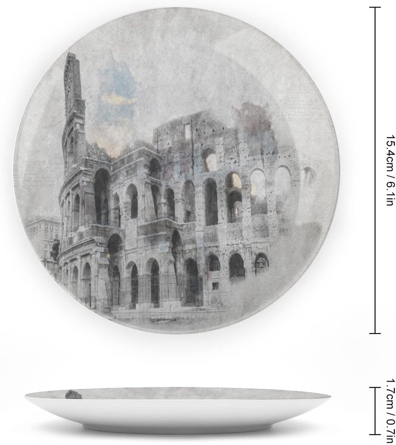 7 Inch Decorative Plate, Sketchy Porcelain Plate, Ancient Historical Ruins Colosseum Artwork Italy Rome Print Ceramic Wall Hanging Decor Accessory for Dining Table Tabletop Home Decor, Beige Black