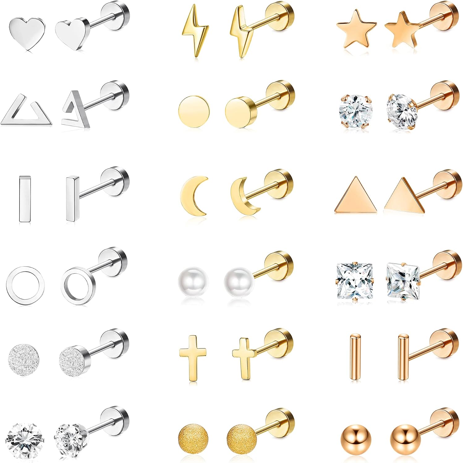 18 Pairs Surgical Stainless Steel Stud Earrings For Women Men 20G Cartilage Earrings Studs Cross Moon Star Small Stud Earrings Black Gold Screw Flat Back Earrings Ear Piercing Studs Set
