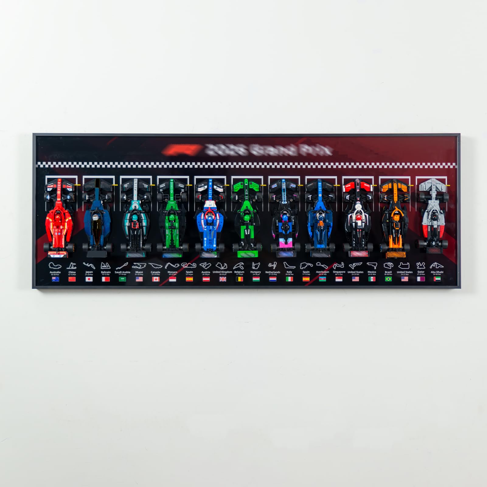 Wandhalterung Display Kompatibel Mit Lego F1 Speed Champions,110x40cm Wall Mount Wallboard Rahmen Für 11Rennwagen(77242-77252, 77258, 77259)(Kein Modell enthalte) Frame für Sammlerzimmer & Büro