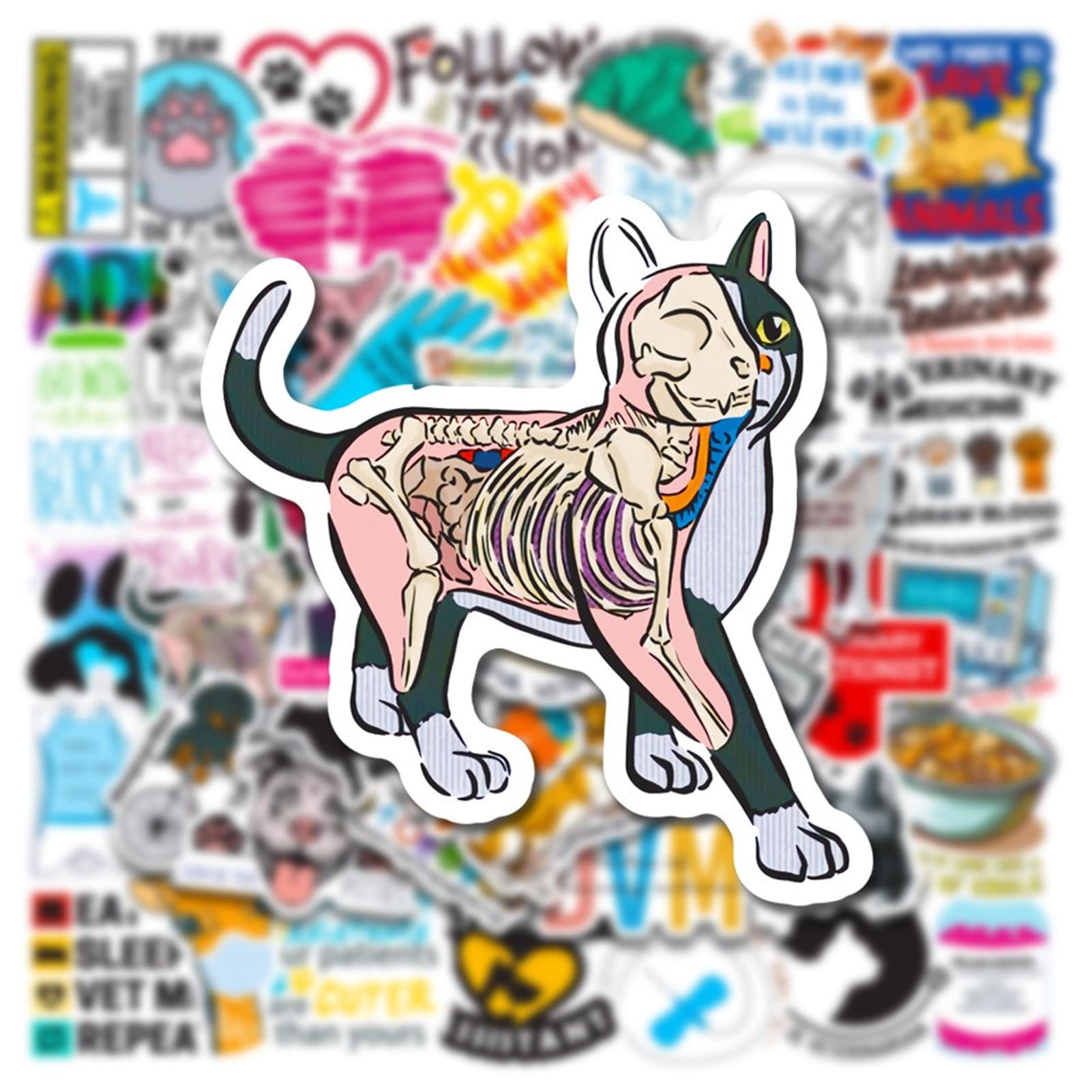 50 Pcs Funny Veterinary Stickers and Decals, Cute Veterinarians Vinyl PVC Waterproof Stickers for Water Bottle Skateboard Luggage Laptop Computer Phone, Vet Tech Party Supplies for Teens Adults