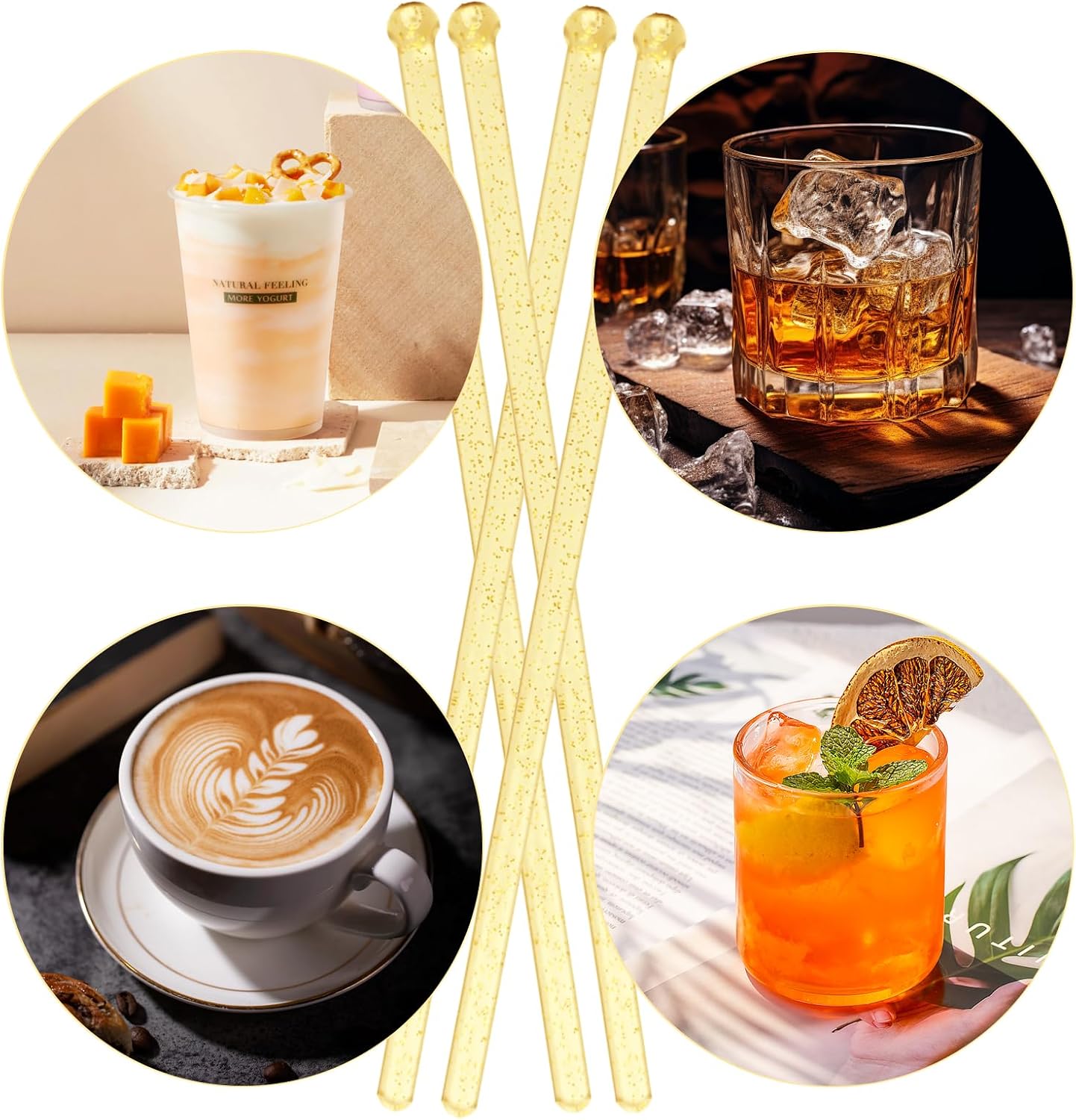 100 Pieces Disposable Plastic Round Top Clear Swizzle Sticks, Crystal Cake Stick, Cocktail Coffee Drink Stirrers 7.24 Inch (Golden)