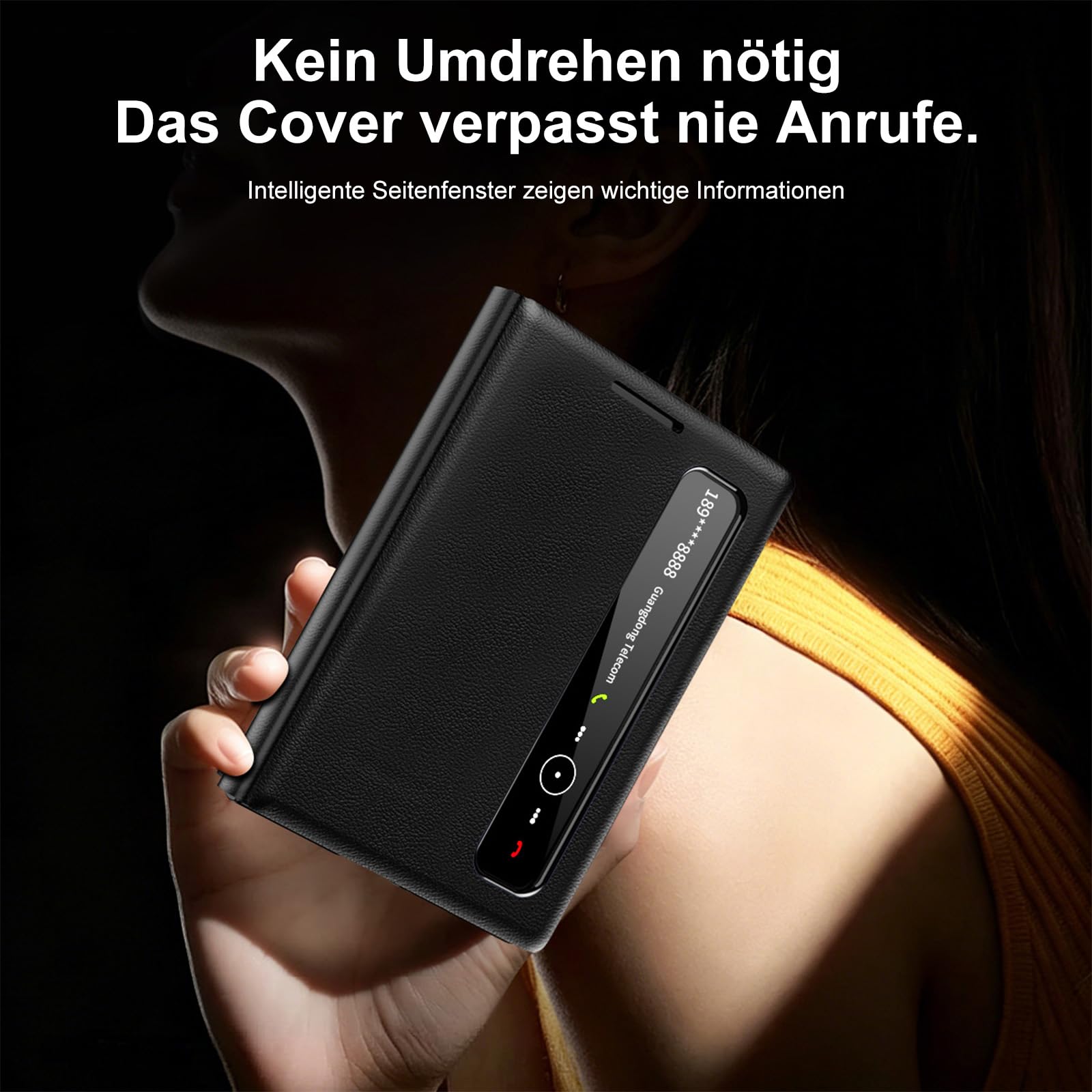 Funda para Samsung Galaxy Z Fold 8, funda con ventana, con tapa, de piel sintética y PC, antigolpes, antihuellas dactilares, color negro