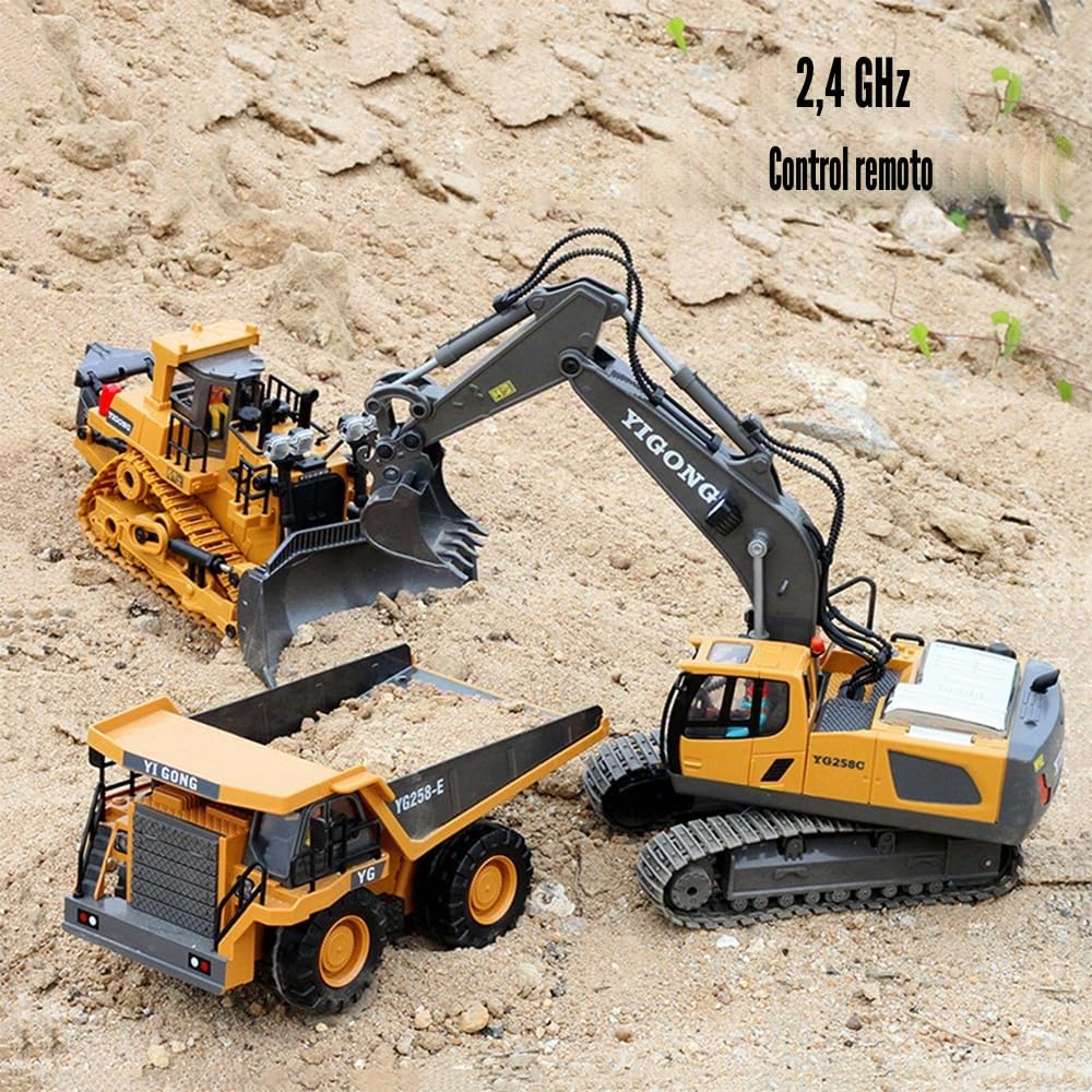 Bulldozer teledirigido juguete para niños a partir de 6 – 12 niños, 9 canales 1/24 RC vehículo de construcción con luz y efectos de sonido