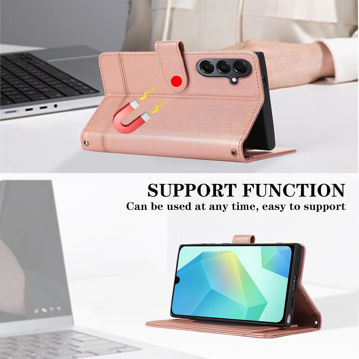 Compatible with Samsung Galaxy A16/A17/A26 5G Wallet Case Wrist Strap Crossbody Strap, Mirror PU Leather Flip Stand Cell Phone Cover for A 16 17 26 16A 17A 26A 4G SM-A166U Women Men Rose Gold