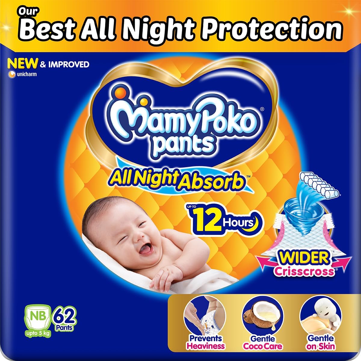 pants All Night AbsorbPant Style Baby Diapers New Born Size/X-Small, 62 Count, Ideal for upto 5Kgs+50% wider & repeated absorption 12hr protection from leakage, prevents heaviness