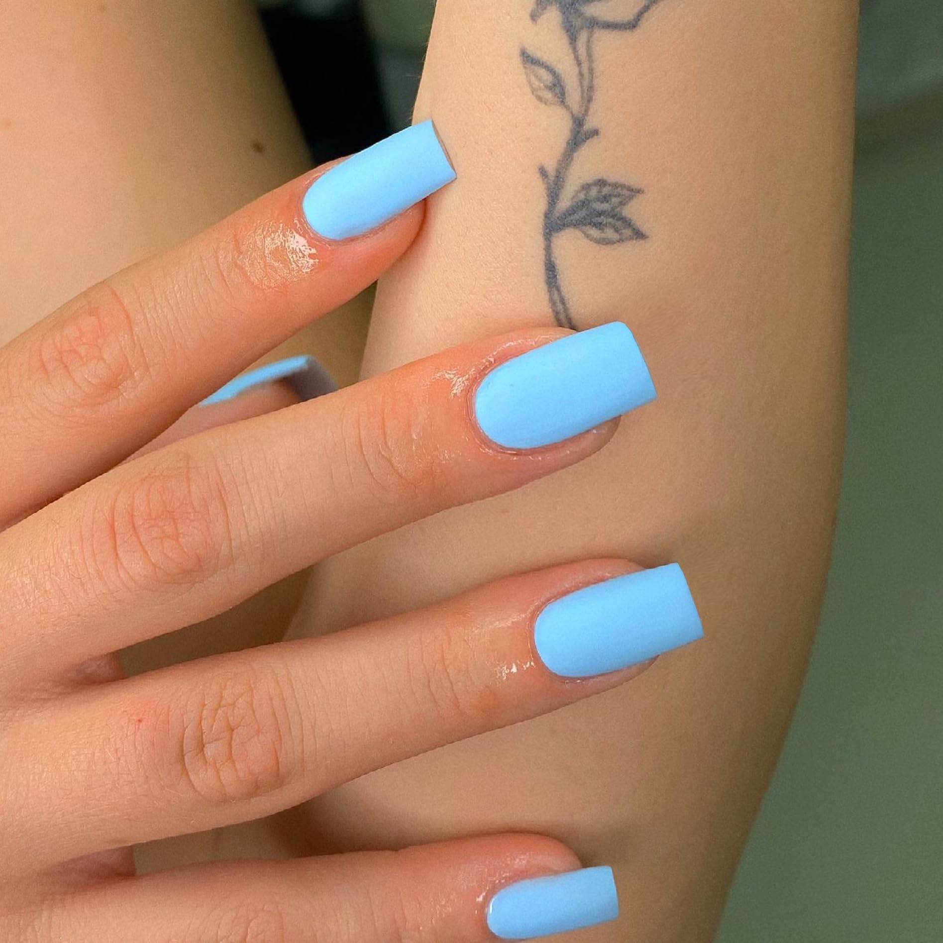 KQueenest Soft Gel Press on Nails Short Medium Square, Matte Baby Blue False Nails Short Coffin
