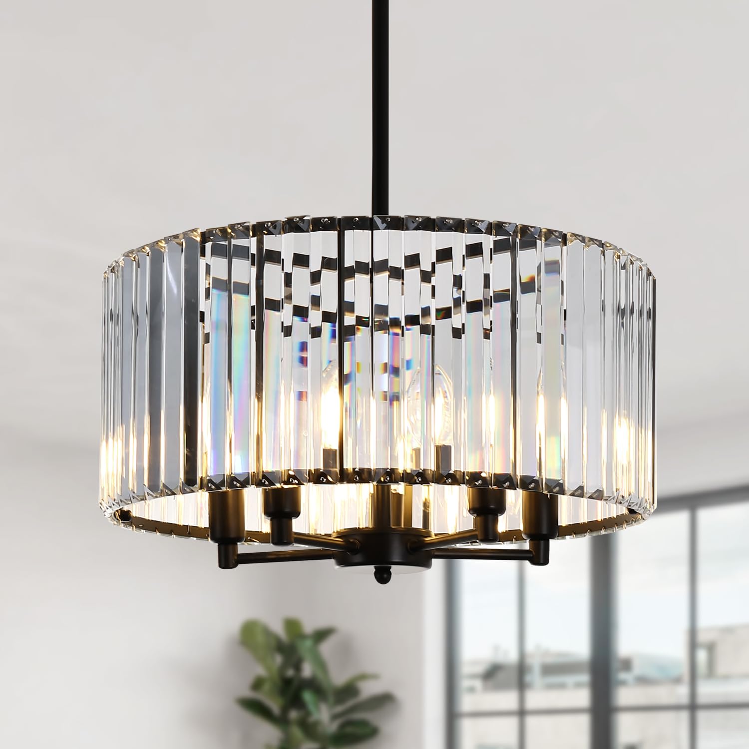 Farmhouse Drum Crystal Chandeliers 5-Light Black Modern Round Ceiling Hanging Light Fixture 17 7 Farmhouse Pendant Lighting for