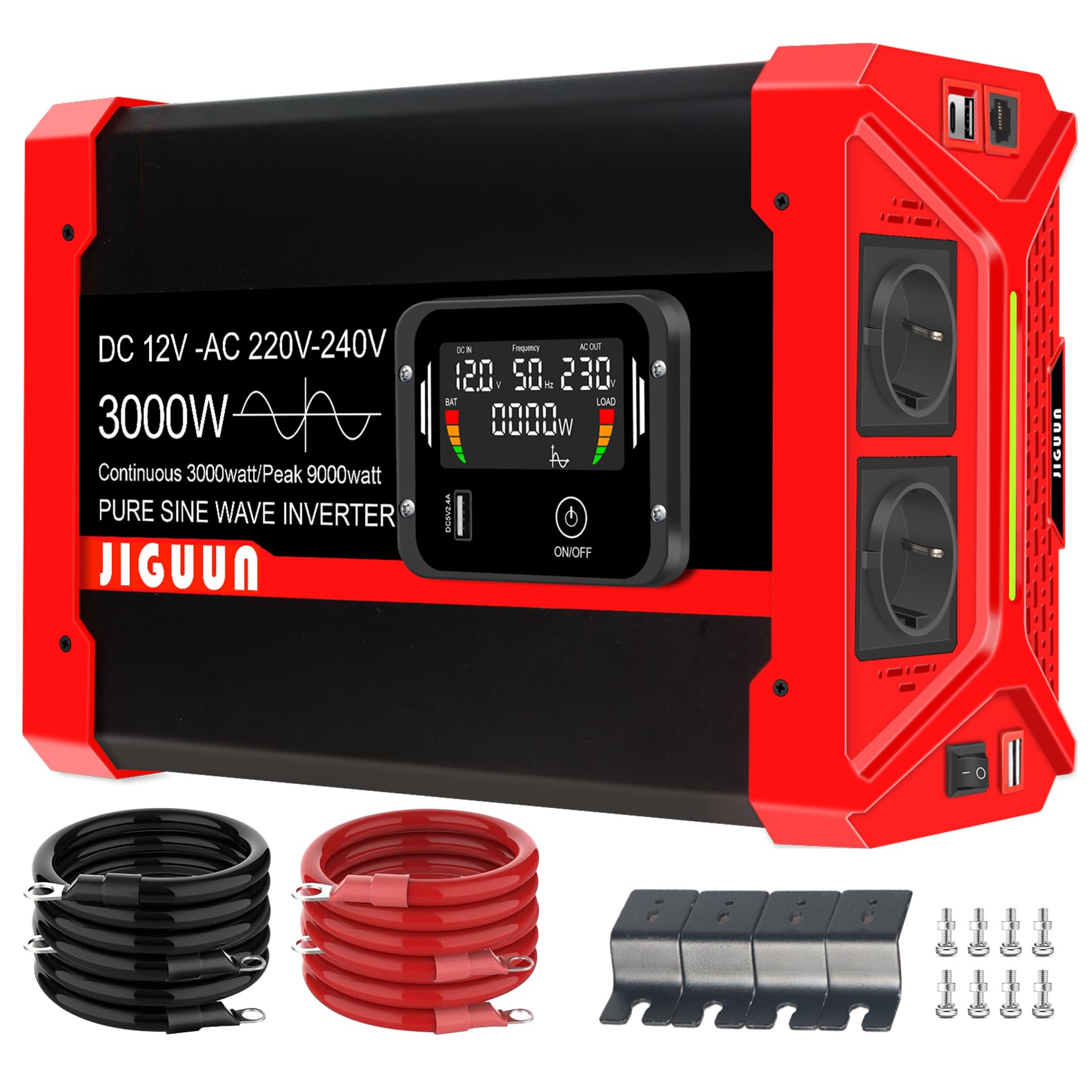 JIGUUN 3000W 9000W Falownik 12V na 230V Przetwornica napięcia sinusoidalnego z wyświetlaczem LCD,zdejmowanym pilotem zdalnego sterowania, 2 gniazdami UE, 3 portami USB+1 portem typu C
