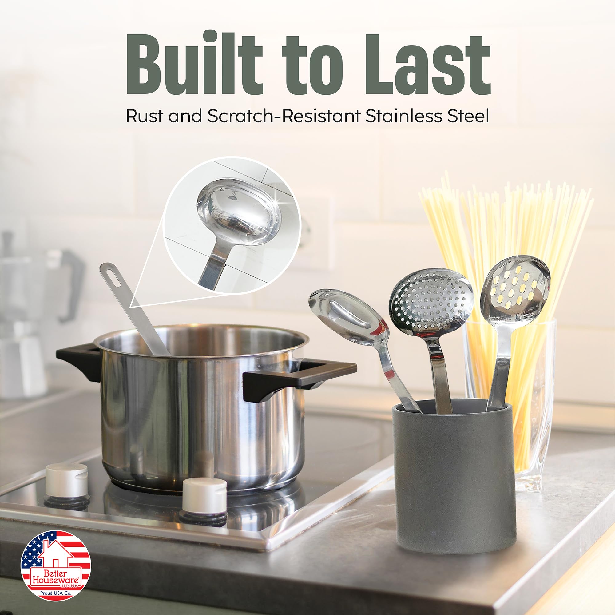 Better Houseware Küchenhelfer Set Edelstahl - 6-teiliges Edelstahl Kochutensilien - Kartoffelstampfer, Skimmergabel, massiver Löffel, Schlitzwender, perforierter Löffel, Saucenkelle