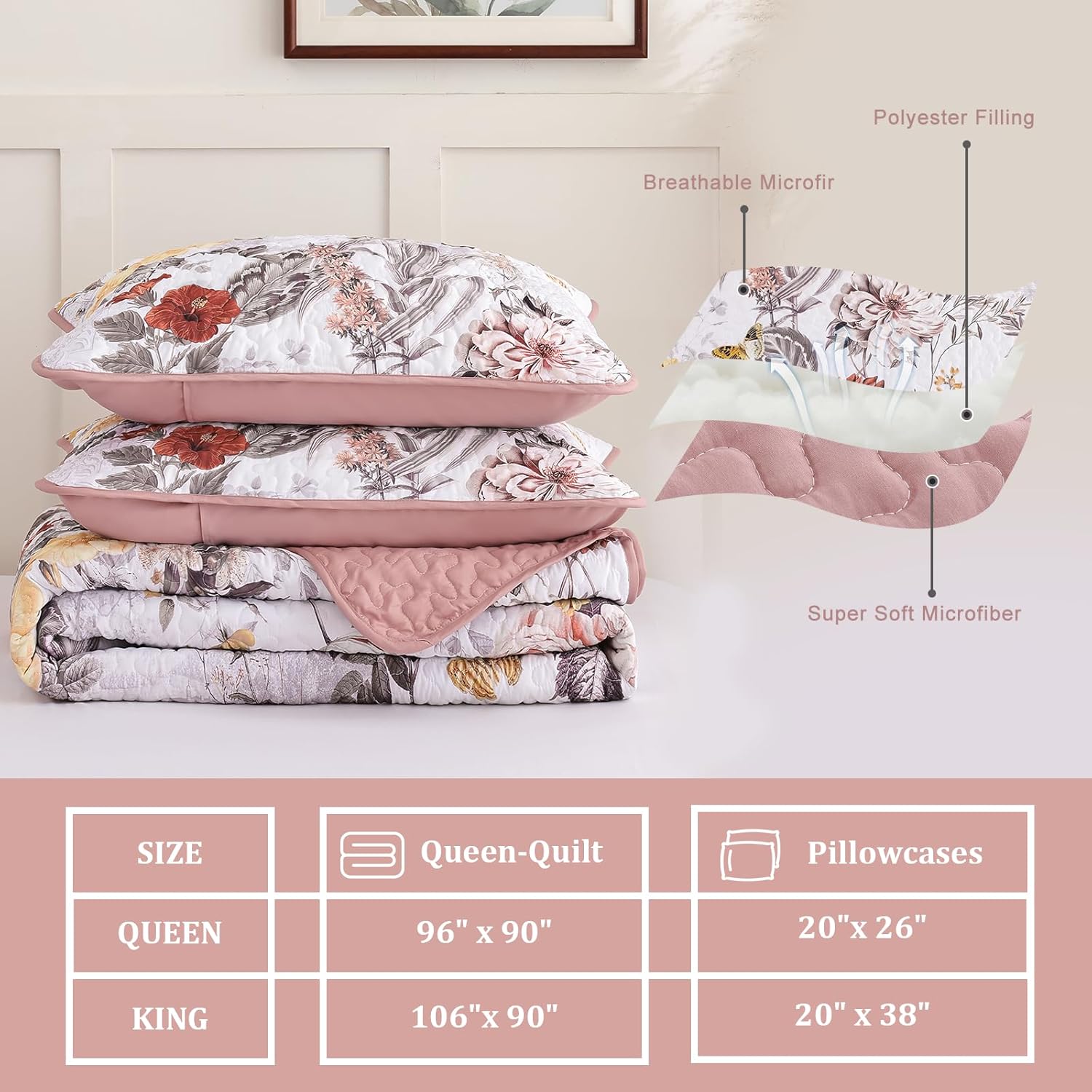 Anibedding 3 Pieces Quilt Set Queen Size, Pink Floral Reversible Bedspread Coverlet Set, Soft Microfiber Lightweight Bed Cover for All Season (96"x90", 1 Quilt+ 2 Pillow Shams)