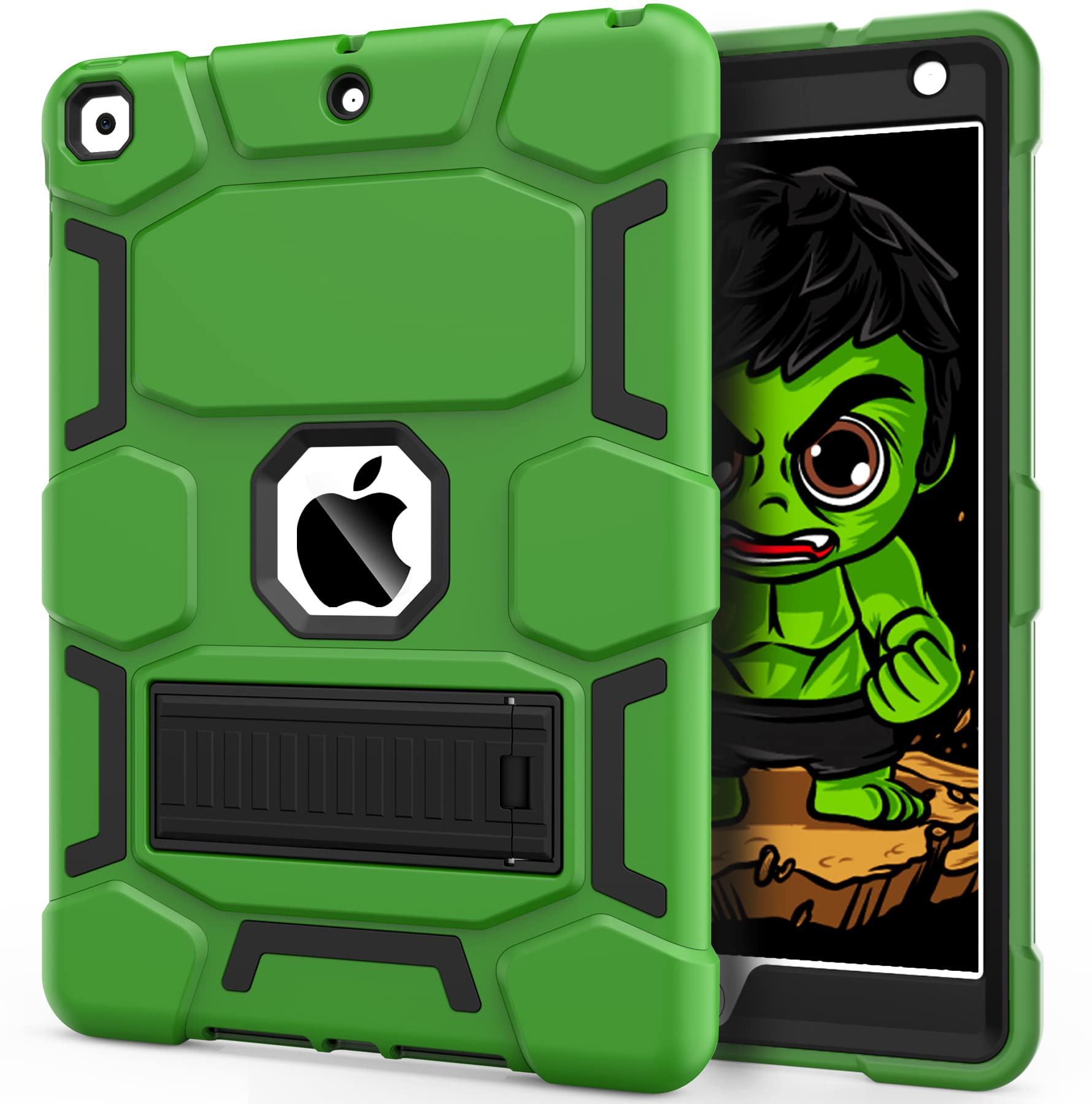 CCMAOiPad 9th Generation Case, iPad 8th/7th Generation Case, iPad 10.2 2021/2020/2019 Case with Kickstand, Heavy Duty Shockproof Hard Hybrid Three Layer Protective Cover, Green+Black