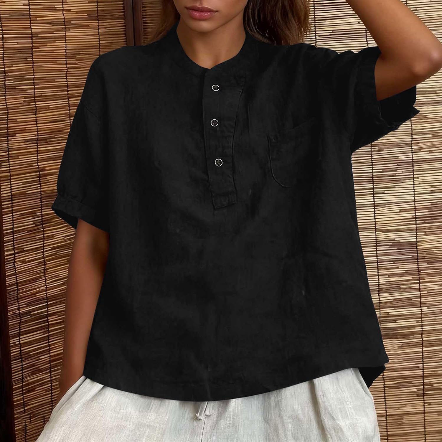 Women Cotton Linen Henley Tops Summer Half Sleeve Round Neck Button Loose Shirts Spring Summer Solid Dressy Blouses