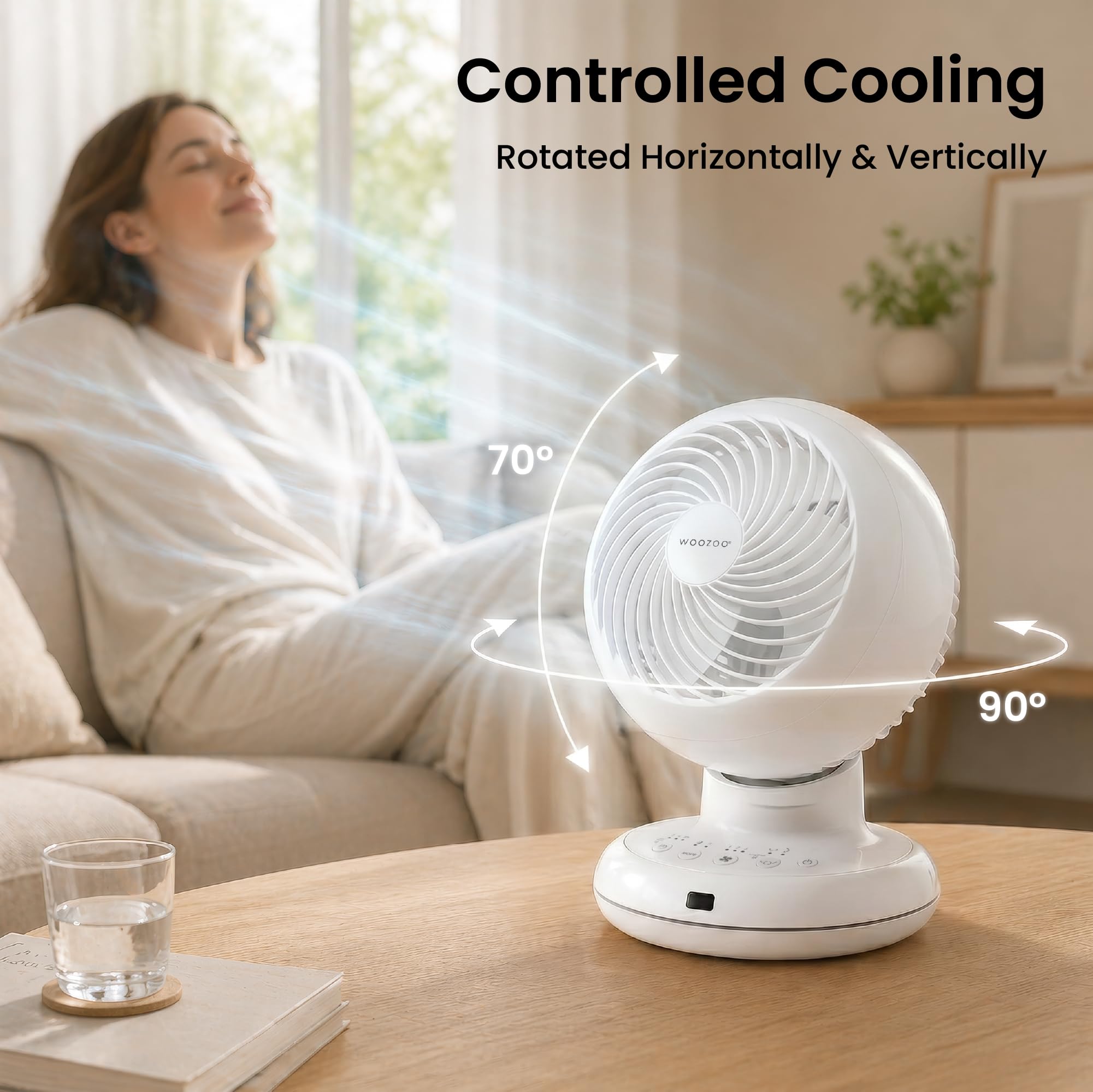 Iris Ohyama Woozoo Tischventilator, Raum bis 28m², Multidirektionale Oszillation, Fernbedienung, Leise 21dB, Tragbar, 3 Geschwindigkeitsstufen, Timer, Fan, Für Schafzimmer, Büro, Weiß, PCF-BC15TEC