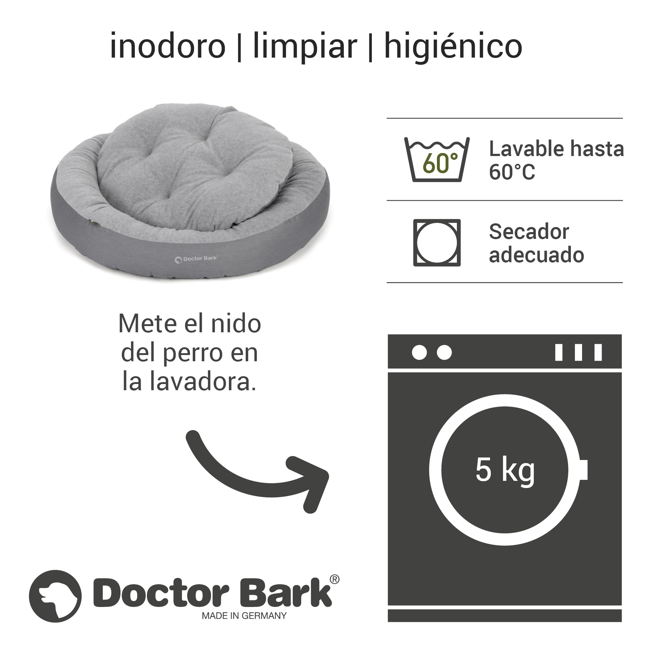 Doctor Bark GreenLabel - Cesta para perros pequeños, suave, redonda, mullida, con cojín reversible, forro polar/algodón, cama para perros (S - 50 x 40 cm, gris claro)