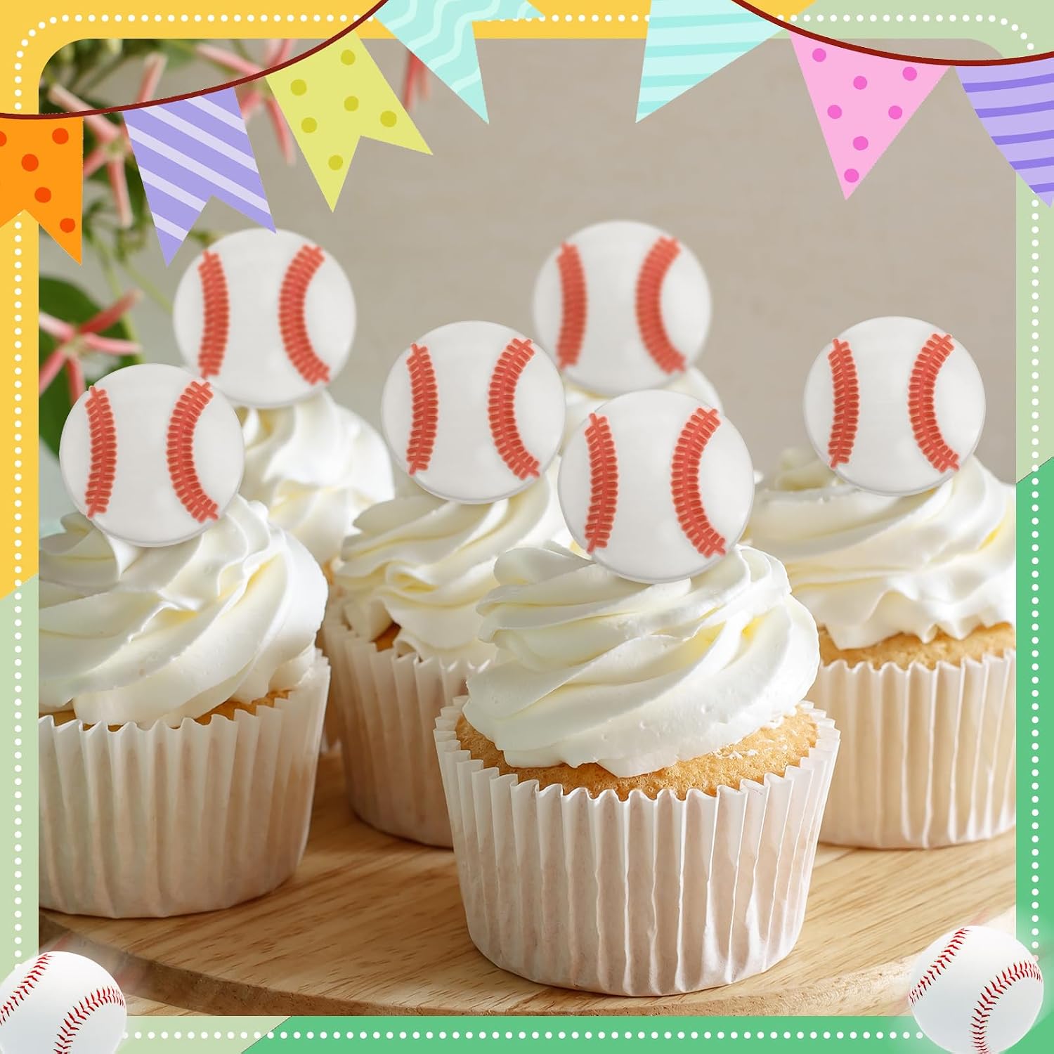 Honeydak 48 Pcs Baseball Cupcake Rings Toppers Decoration Sport Ball Theme Cupcake Toppers Rings Picks Baseball Senior Night Party Decoration Sport for Birthday Party Supplies