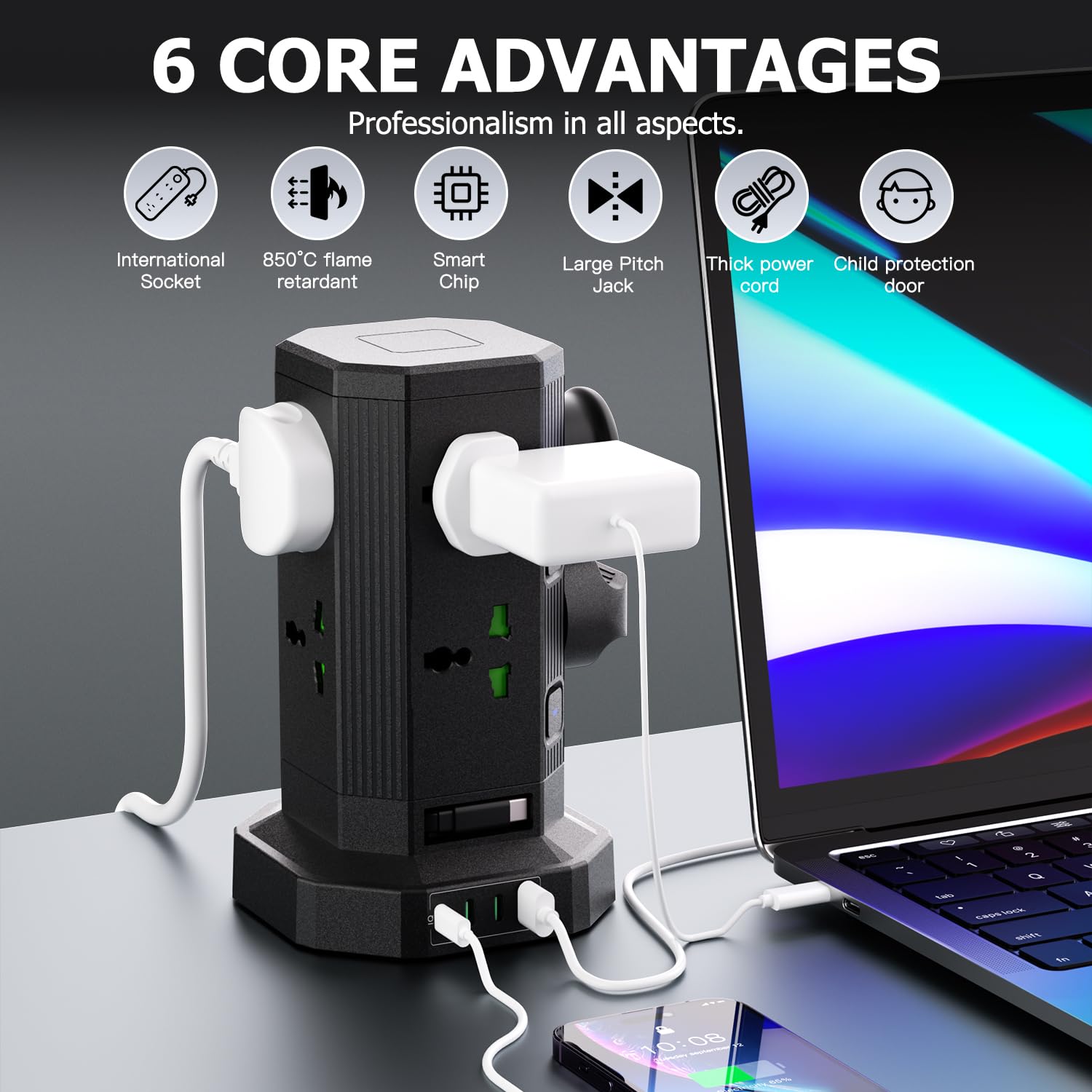 Multiprise avec 4 USB,Tour Multiprise avec câble rétractable Type-C