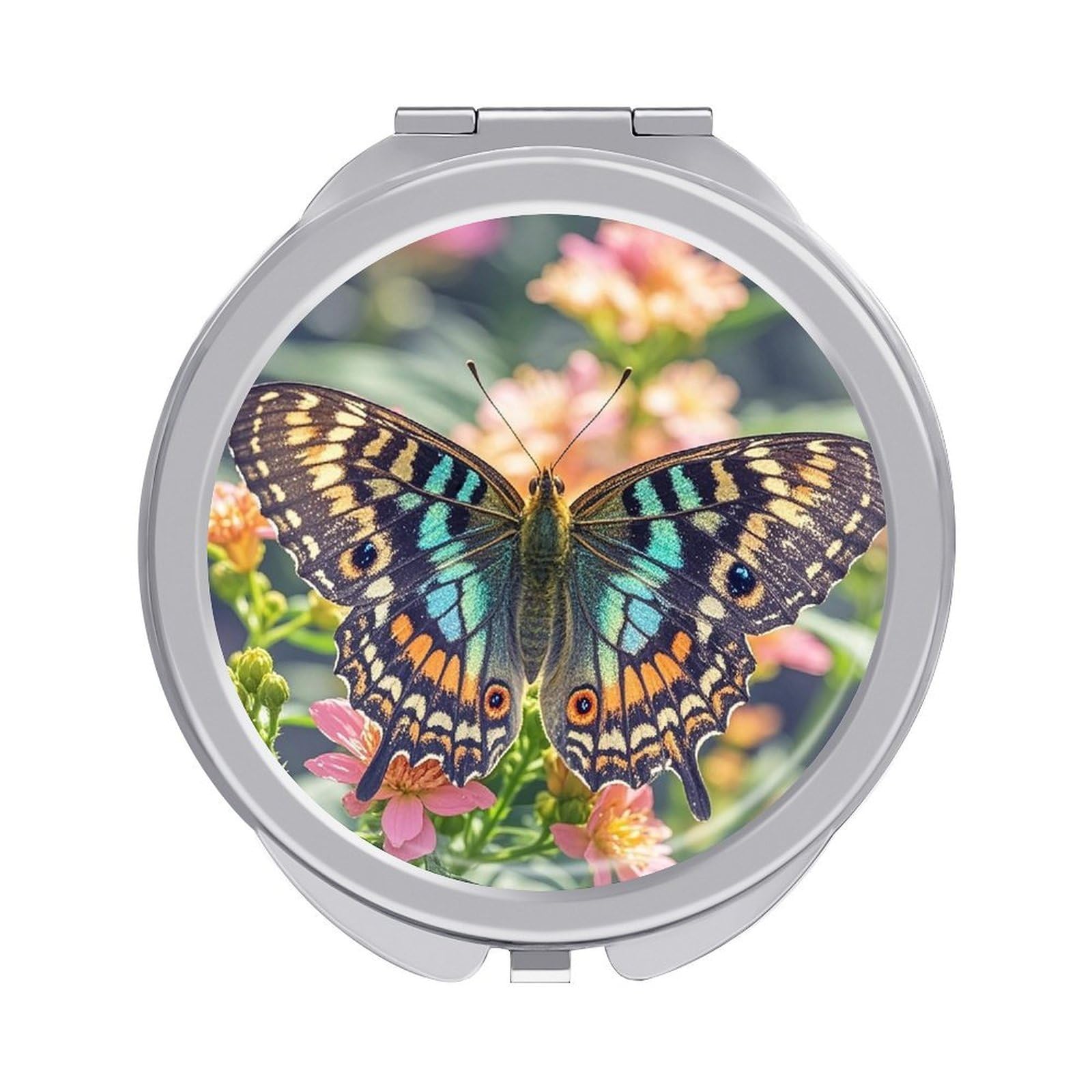 FekiLoot Butterfly Travel Makeup Mirror for Women Folding Portable Hand Compact Mirrors Small Round Vanity Mirror 1X/2X Magnifying Metal Pocket Makeup Mirrors