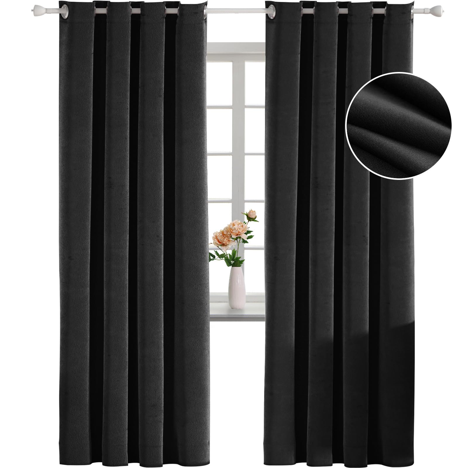 YSTELLAA Cortinas 100% Opacas 2 Piezas, 140×260cm, Terciopelo Cortinas Opacas Termicas, Cortina Termica Aislante Frio Y Calor, Cortinas Dormitorio Opacas, Cortinas Salon Modernas, Negro