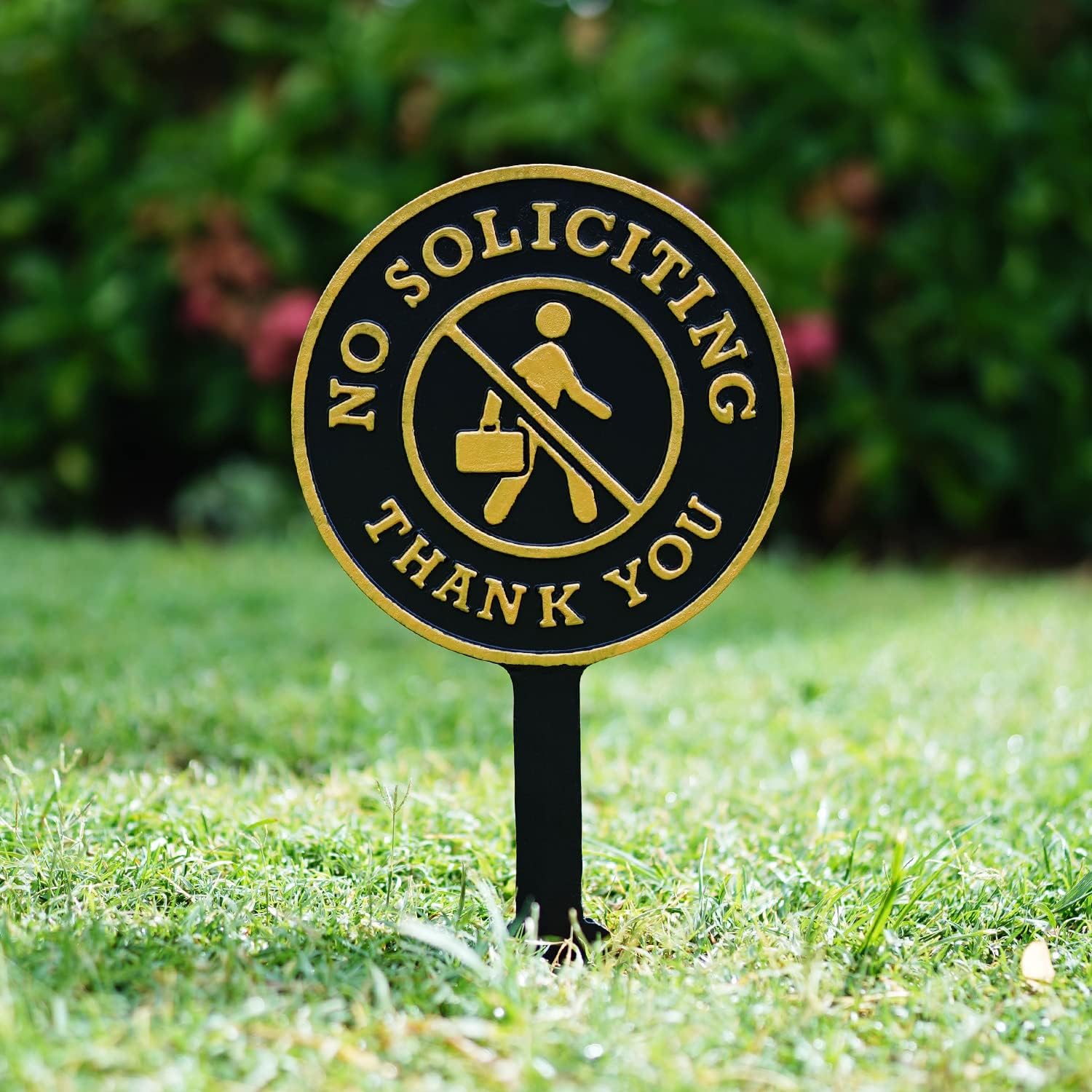 SmartSign No Soliciting Thank You Yard Sign for Lawn/Outdoor - Single-Sided, 17 x 7.5 inch, 375 mil Thick Rustproof Cast Aluminum Metal Plaque, Black and Gold