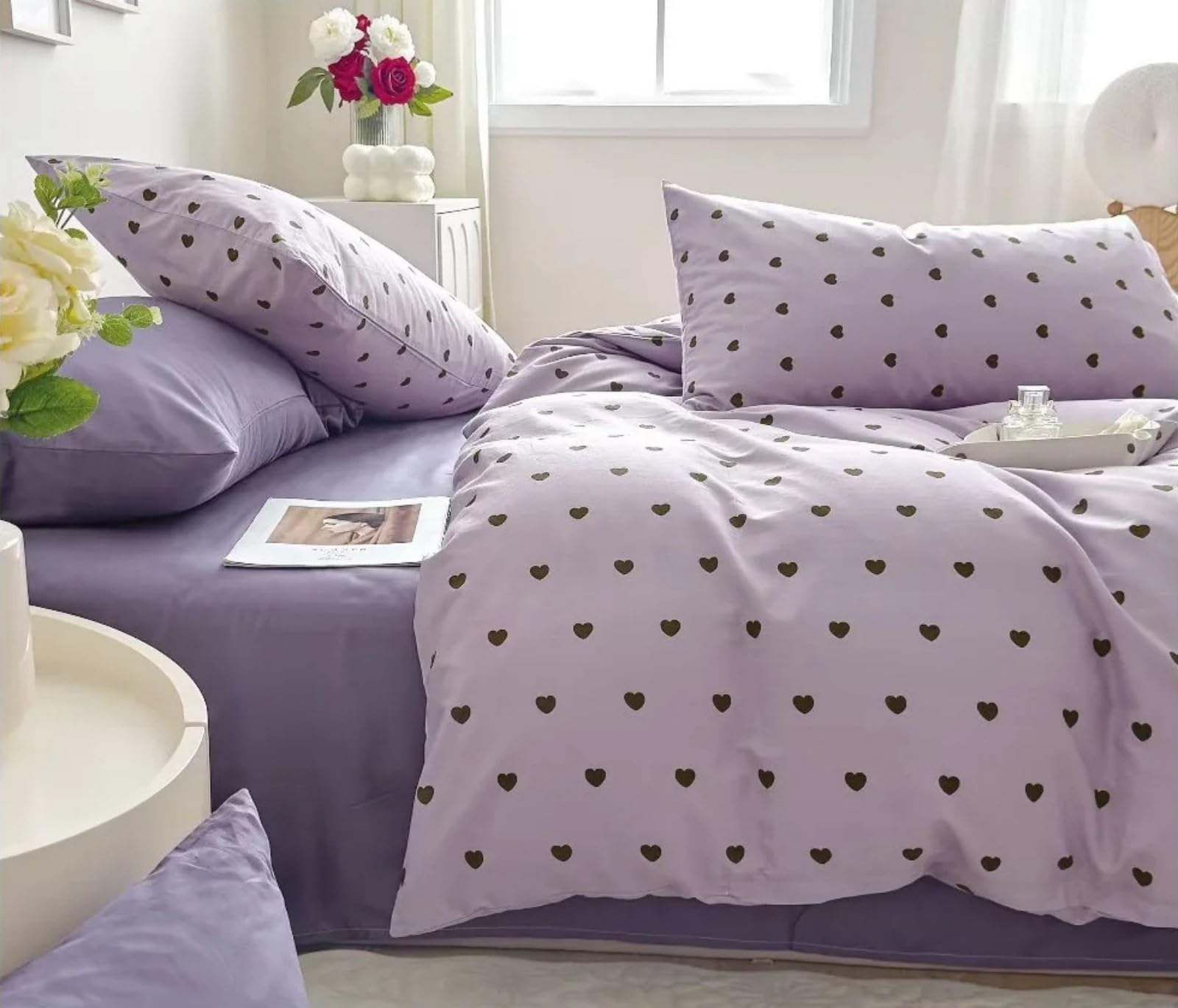 Freyamy Herzen Bettwäsche 200x220cm 3teilig Mädchen Violett Dunkelgrau Herz Wende Bettwäsche-Sets Herzmuster Microfaser Kinderbettwäsche 1 Bettbezug mit Reißverschluss und 2 Kissenbezug 80x80cm