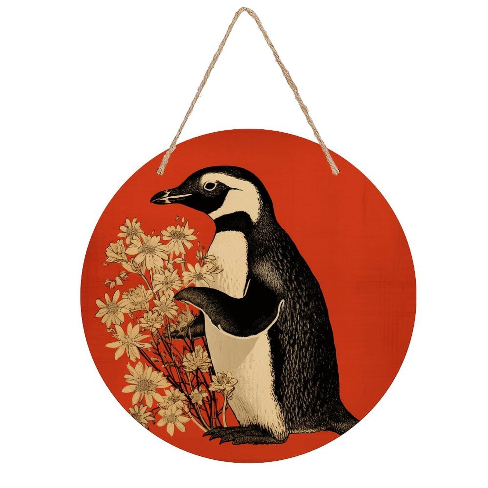 FekiLoot Penguin Holding Flower Wall Art Decor Rustic Welcome Sign Round Wood Hanging Sign Decoration Wood Plaque Door Hanger Wooden Signs Wall Hanging Decor Housewarming Gift for Home Outdoor Indoor