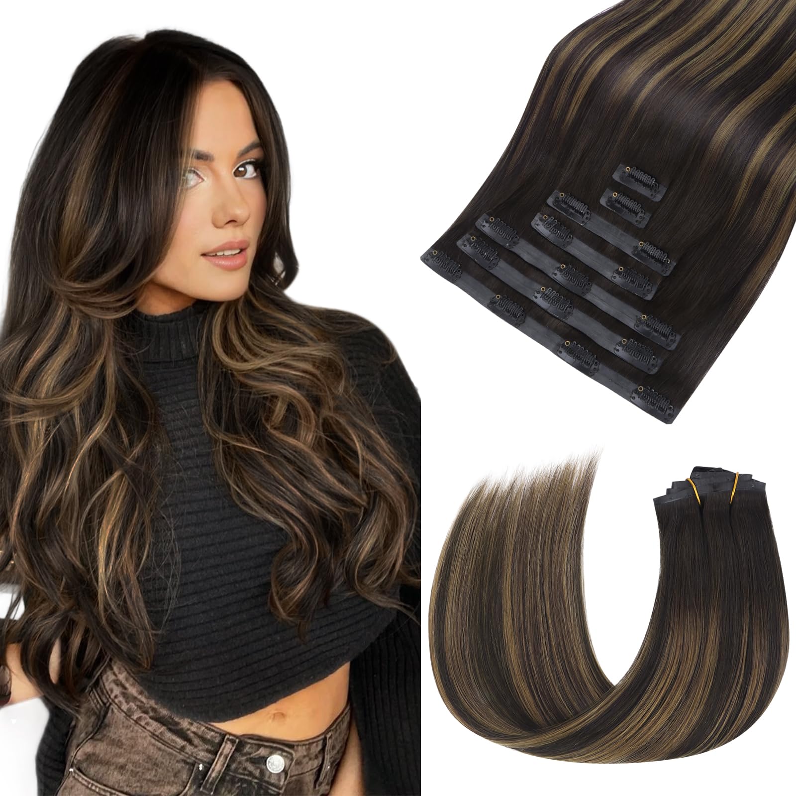hotbanana Nahtlose Clip In Extensions Echthaar, Dunkelbraun bis Kastanienbraun Remy Clip In Echthaar Extensions Günstig Haarverlängerung Echthaar Seamless PU Hair Extensions 40cm 110g 7pcs
