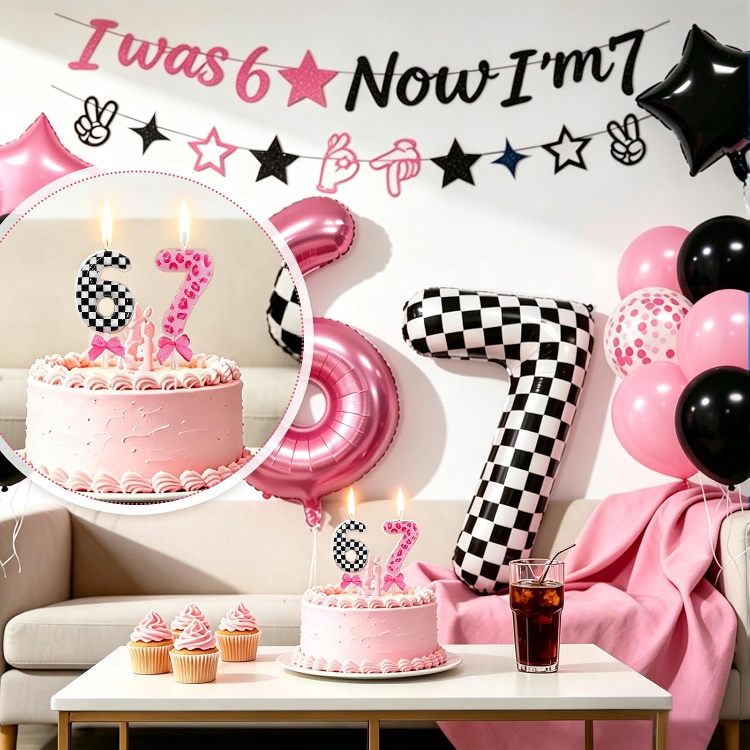 6 7 Birthday Candles, I was 6 Now I'm 7 Cake Topper Birthday Decorations Funny 6 7 Meme Birthday Party Supplies for Boy Girl (6 7 Pink)
