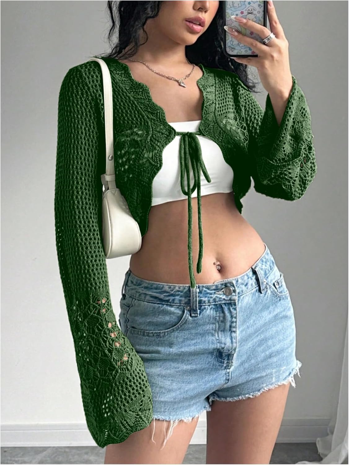 SHENHE Women's Hollow Out Tie Up Bell Sleeve Cropped Cardigan Sheer Crochet Shrug Bolero - Image 3