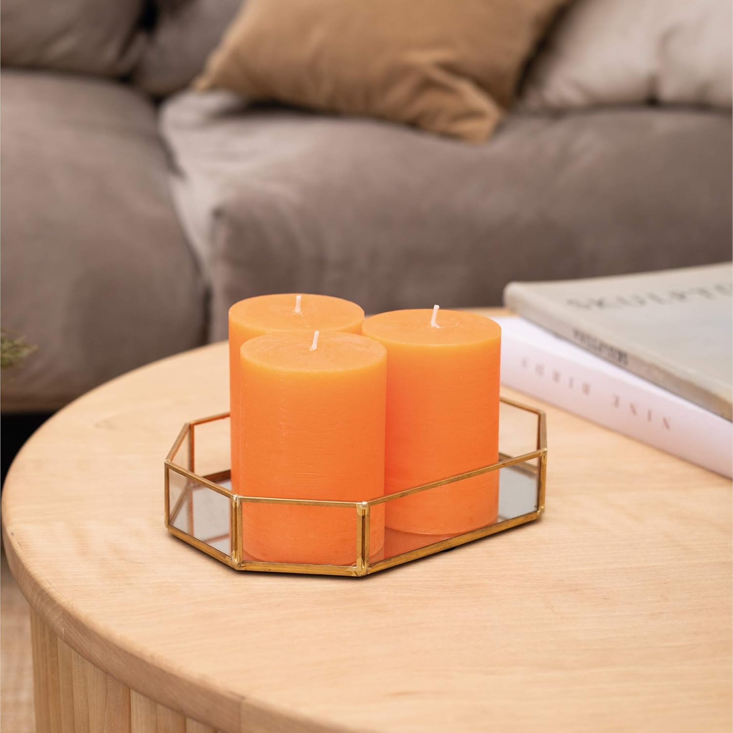 CANDWAX 3x4 Pillar Candles Set of 3 - Decorative Rustic Candles Unscented and No Drip Candles - Ideal as Wedding Candles or Large Candles for Home Interior - Orange Candles : Home & Kitchen