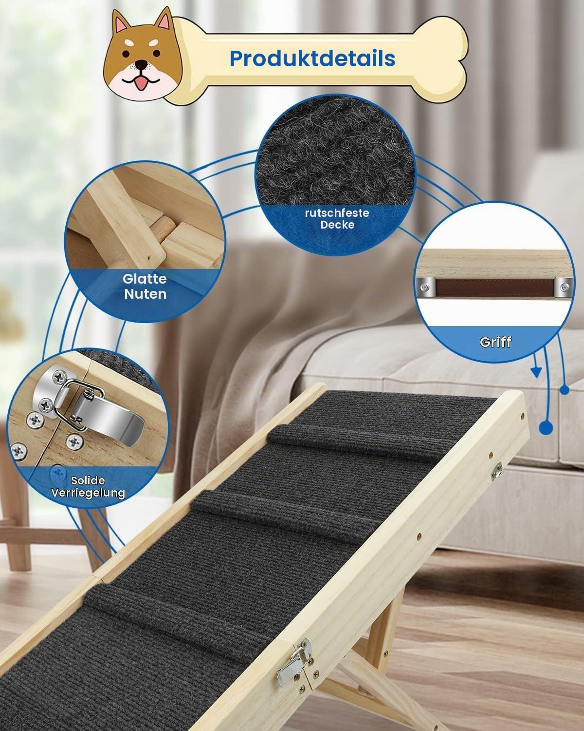 Hunderampe,Hundetreppe aus Holz,Tragbare Katzen Rampe für Bett Sofa, 4 Höhenverstellbare von 25CM bis 48CM mit Rutschfester Trittmatte, Hölzerne Haustierrampe Klappbar für Bett Oder Sofa