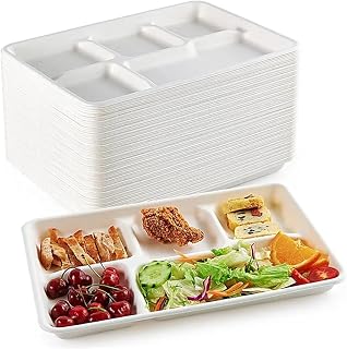Disposable Paper Plates 30Pcs Disposable Paper Plates, 5 Compartment School Lunch Trays, Compostable Bagasse Plates for Buffet Party