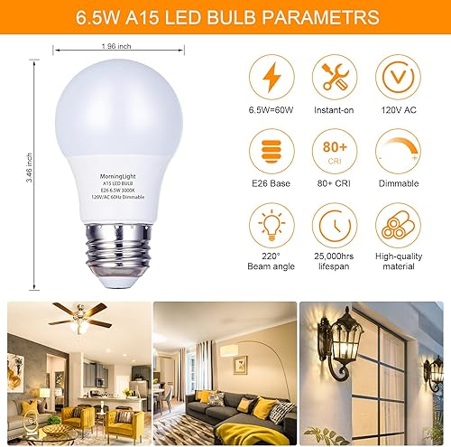 Miniatura 2 de MorningLight Paquete de 6 bombillas LED A15, equivalente a 6.5 W, bombilla regulable de 60 W, blanco suave de 3000 K, base E26, bombilla LED A15