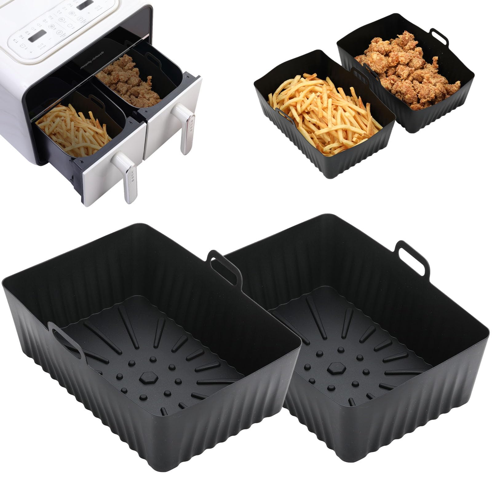 Anttyscar Silicone Air Fryer Liner,Air Fryer Accessories for Tower Vortx T17100 Vizion Dual Basket,Air Fryer Racks,Reusable Air Fryer Food Safe Dual Basket,Silicone Pot for Oven,Microwave,Black 2 PCS