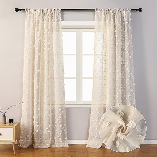 MYSKY - Cortinas de gasa con pompones para el hogar, para dormitorio, sala de estar