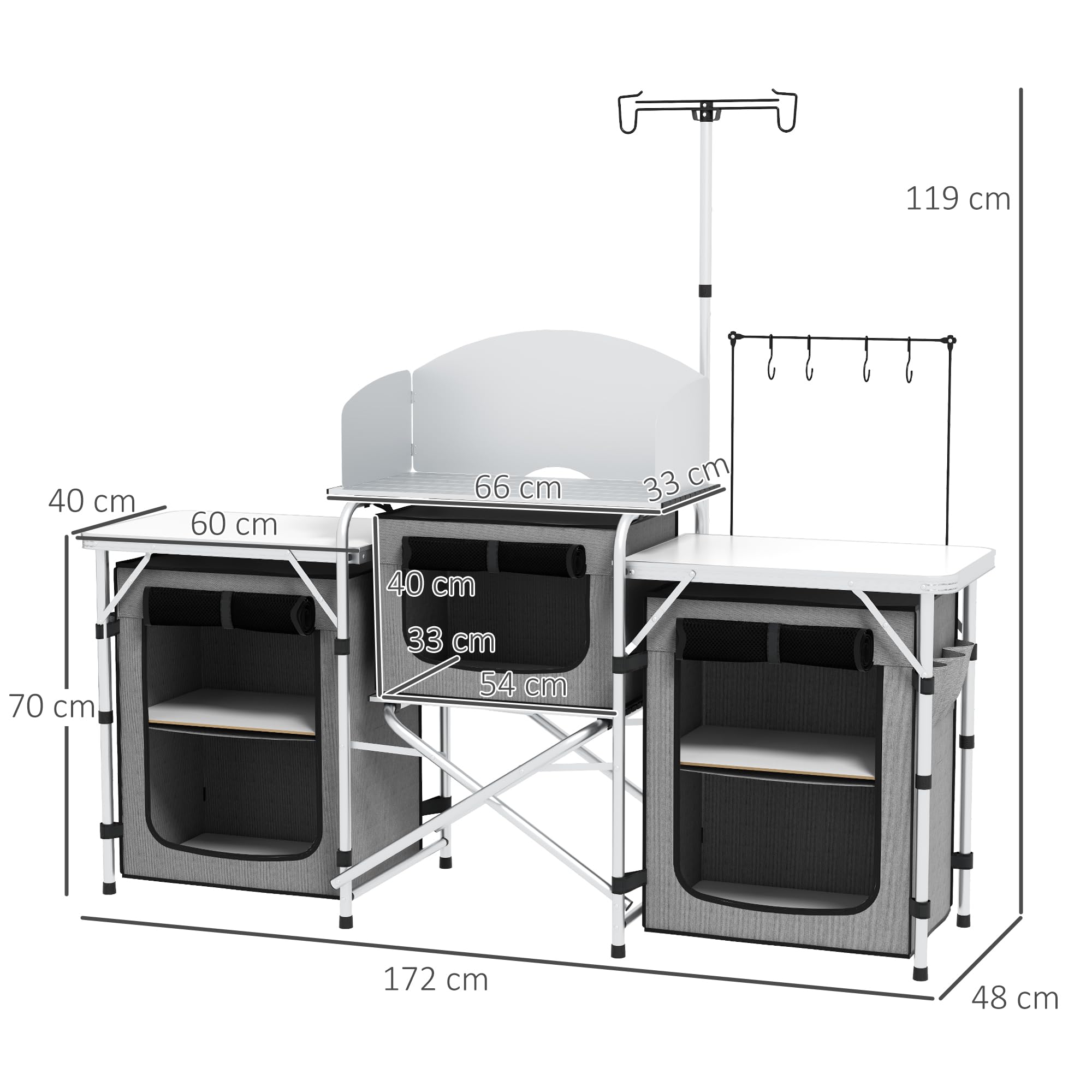Outsunny Meuble de Cuisine pour Le Camping avec Rangement, Table d'extérieur Pliante Station de Cuisson en Aluminium avec 3 placards en Tissu, Pare-Brise, Support d'éclairage, Sac de Transport Gris