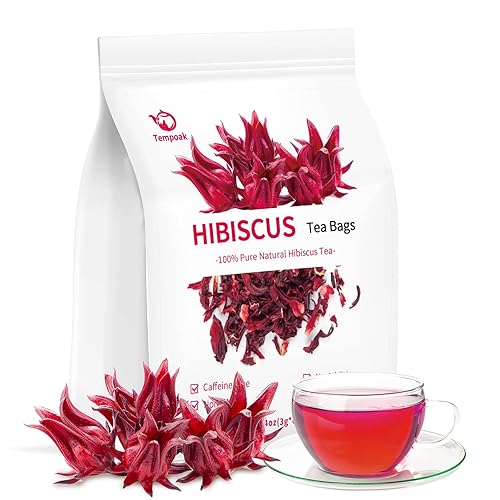 Tempoak Bolsas de té de flores de hibisco, 60 bolsas de té de hibisco puro y natural, sin cafeína, sin aditivos, sin azúcar, sin OMG, sin gluten