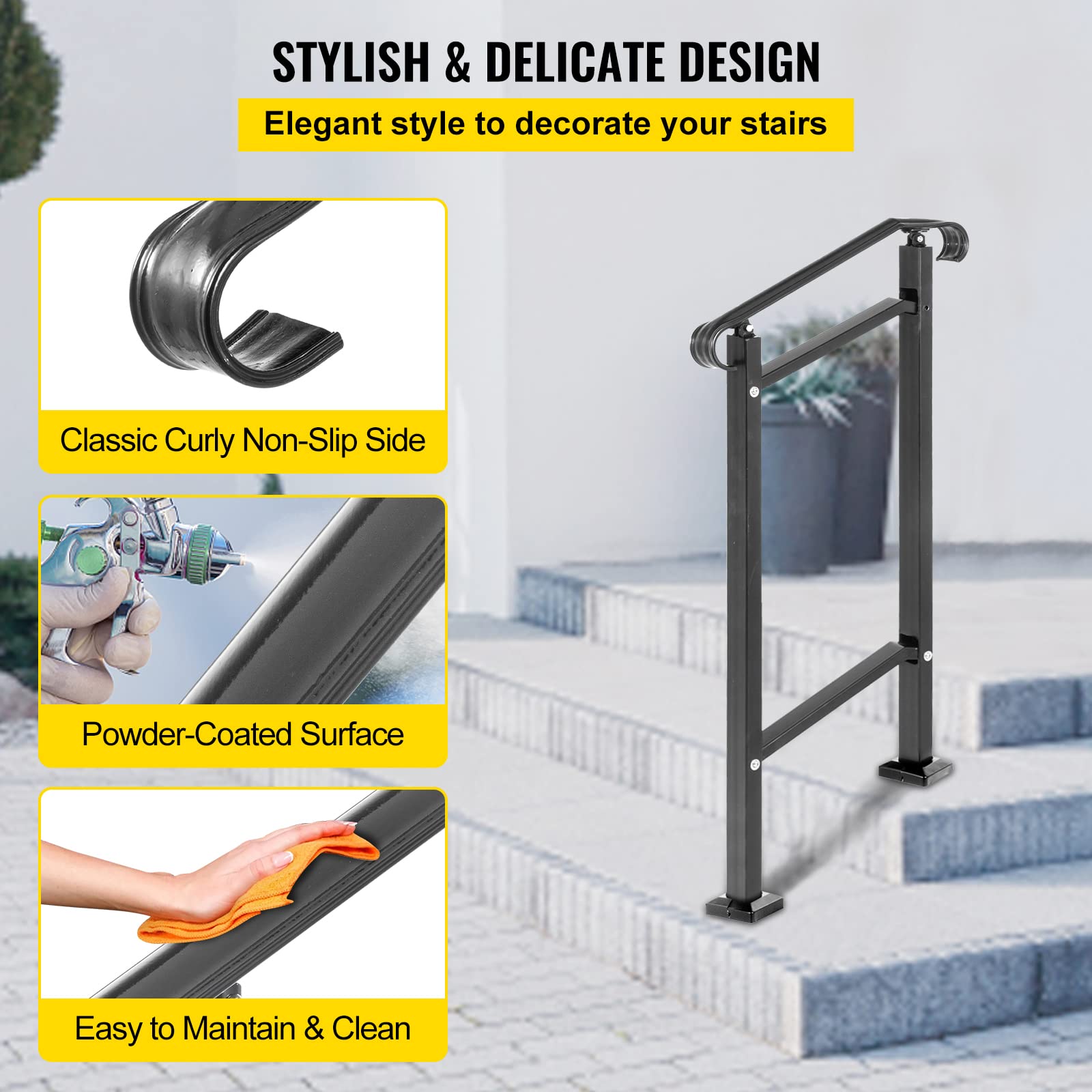 VEVOR Corrimano per Scale Gradino Esterno a Terra, Dimensioni 50x13,5x108 cm per Ringhiera in Ferro Battuto Nero Passaggi da 1, Corrimano di Sicurezza Uso in Corridoio Giardino Balcone Portico