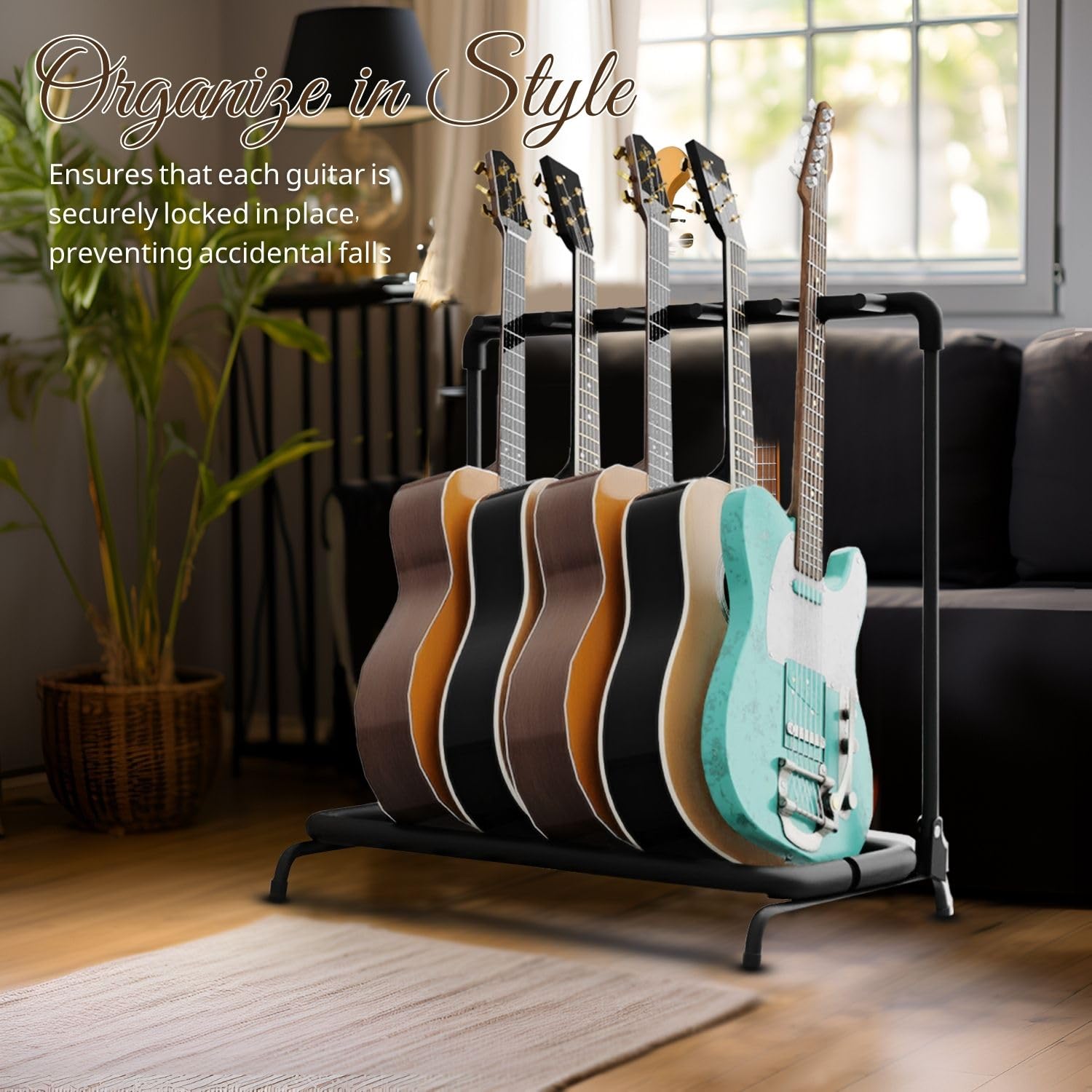 Flexzion Stojak na 5 stojaków na gitarę – metalowa konstrukcja, stojak na gitarę i organizer na gitarę, składany stojak na 5 uchwytów na gitarę z wyściełanymi rurkami piankowymi do gitar