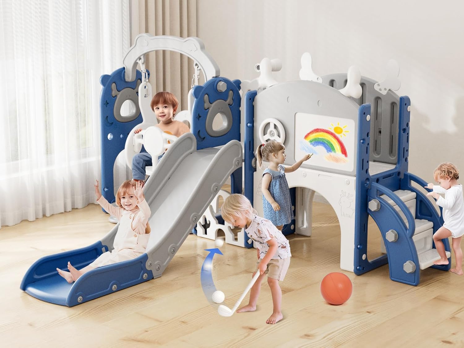 XJD 13-in-1 Toddler Slide and Swing Set, Kids Slide for Toddlers Age 1+, Toddler Outdoor Playset New Upgrade with Golf Set, Basketball Hoop, Drawing Board for Playground (Blue White)