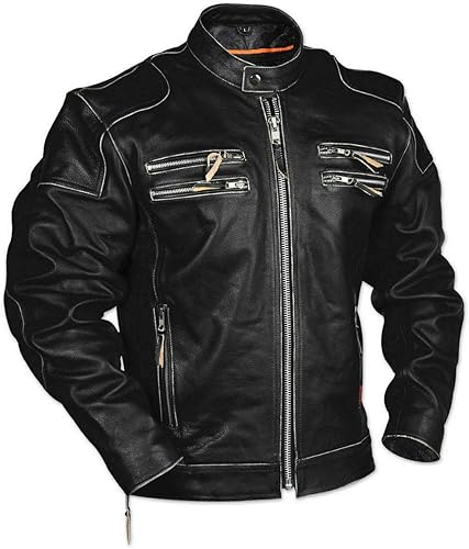 LP-FACON Chaqueta de cuero para motocicleta con insignias vintage para hombre, chaqueta acolchada con armadura de rayas retro  Chaqueta de cuero