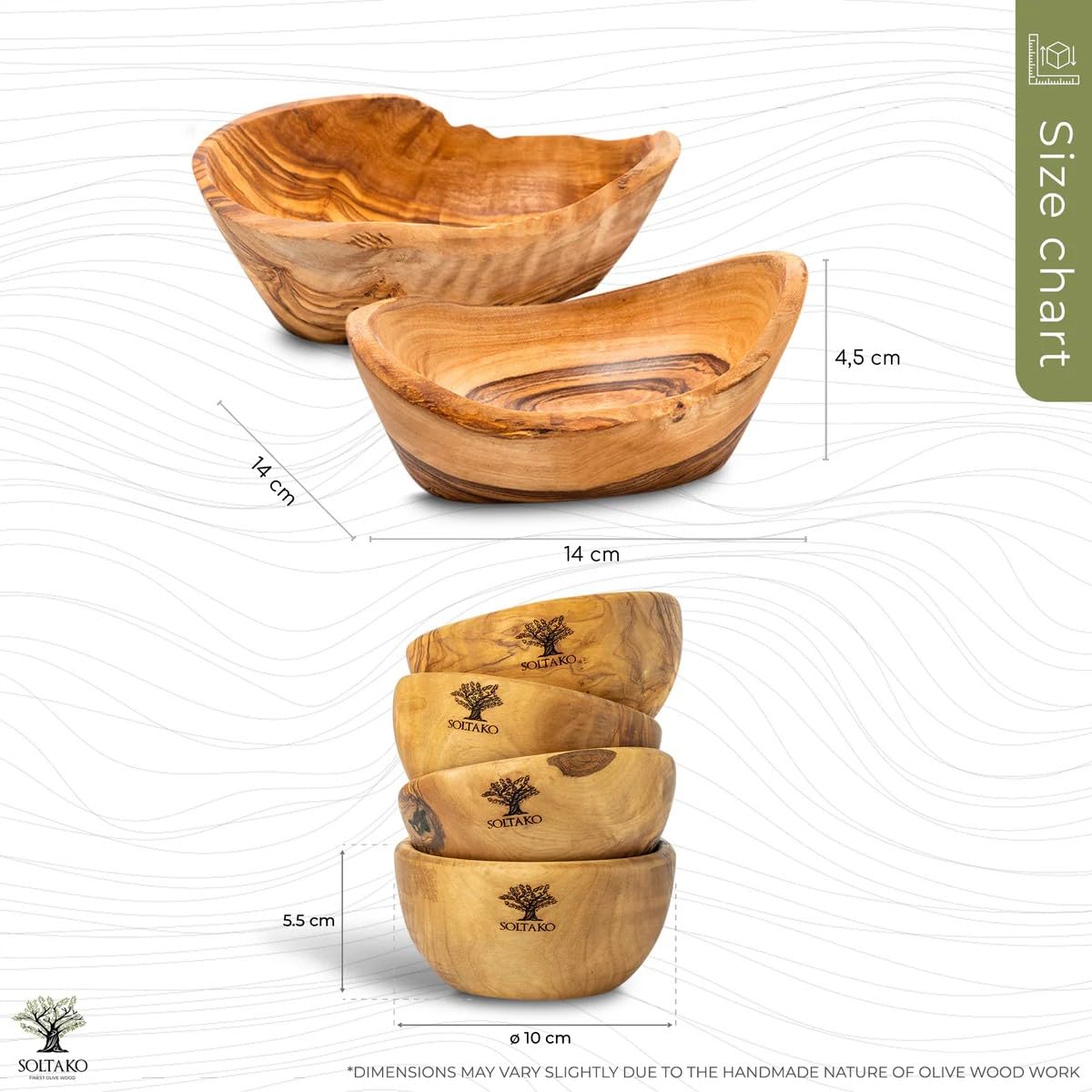 SOLTAKO Olivenholz Geschenksset ideal für Tapas und Snakcs The Hummus Lover 4er Set + Les Snacks 2er Set