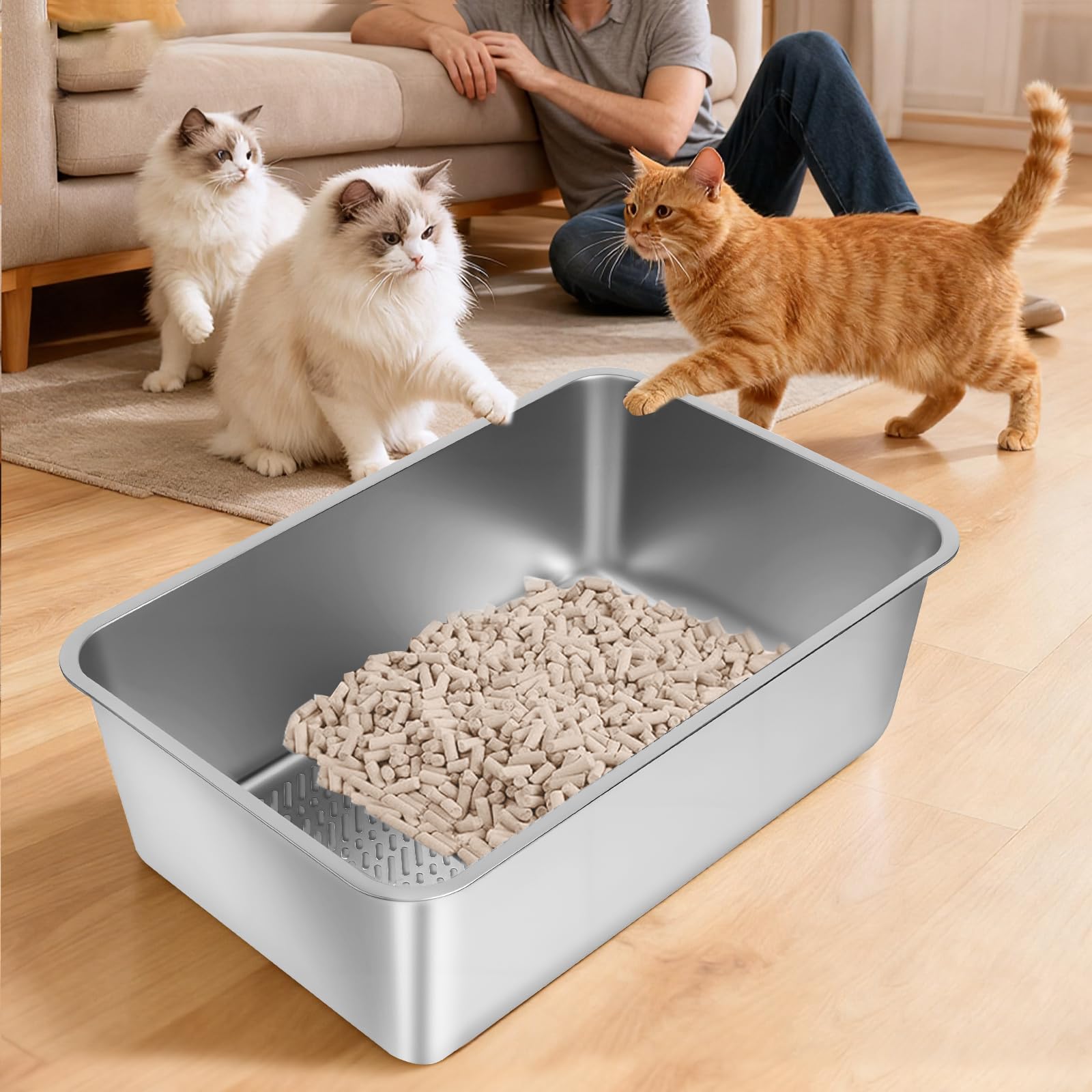 Stainless Steel Sifting Litter Box, 23.6" L x 15.7" W x 8" H Semi-Enclosed Metal Cat Litter Box with Sifting Pan, Scoop for Big Cat Easy Cleaning - image 7