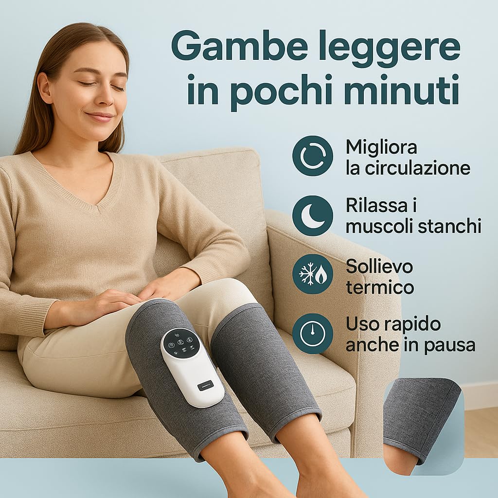 Massaggiatore Polpacci Elettrico a Compressione - Pressoterapia con Calore per Gambe Leggere, Sollievo da Gonfiore, Stanchezza e Relax - Dispositivo Portatile Ricaricabile (1 Unità)