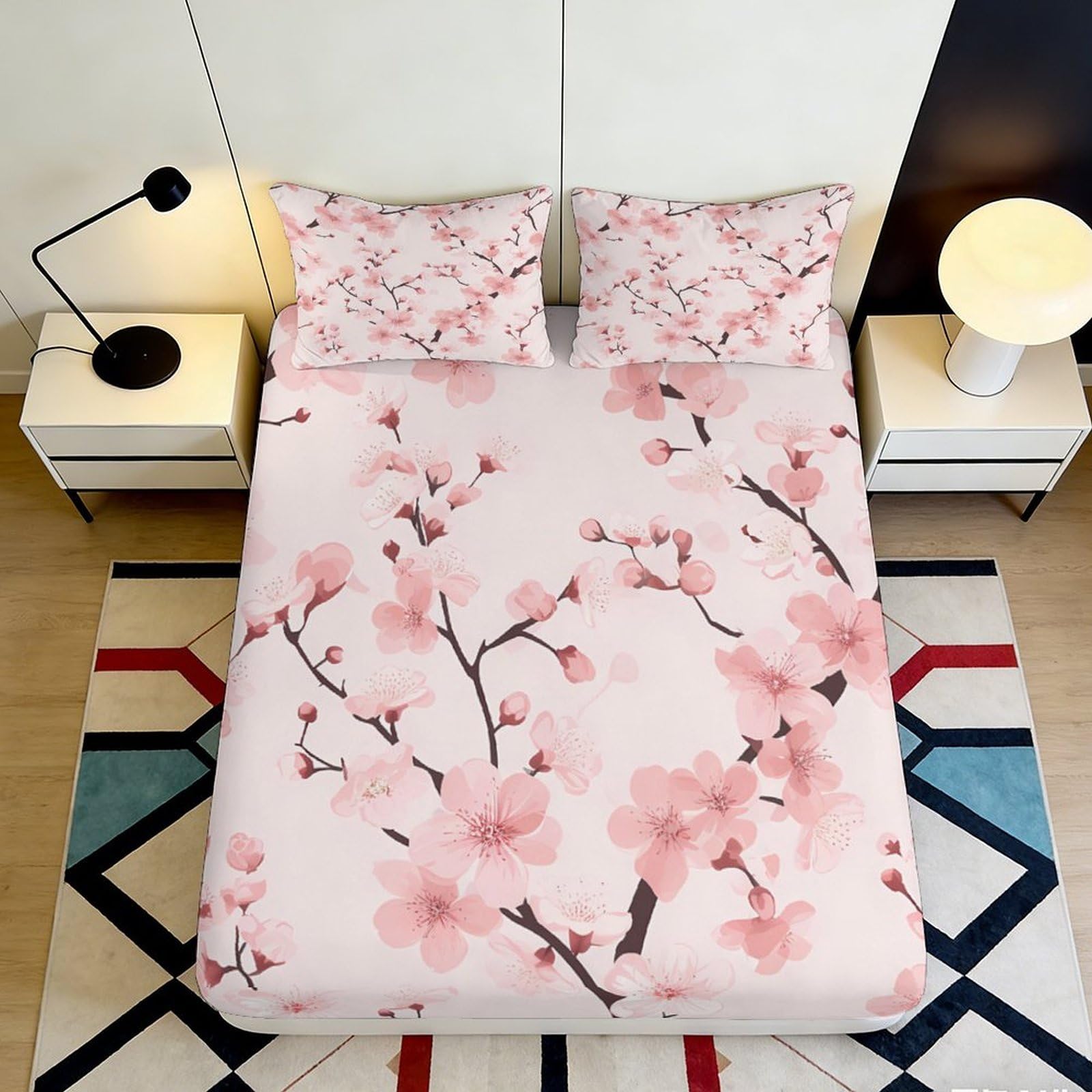 3D Printed Cherry Blossom Fitted Sheet Microfiber Soft Breathable Floral Branch Bed Cover for Bedroom Dormitory Guest Room Mattress Protection Decor 180x200x25cm