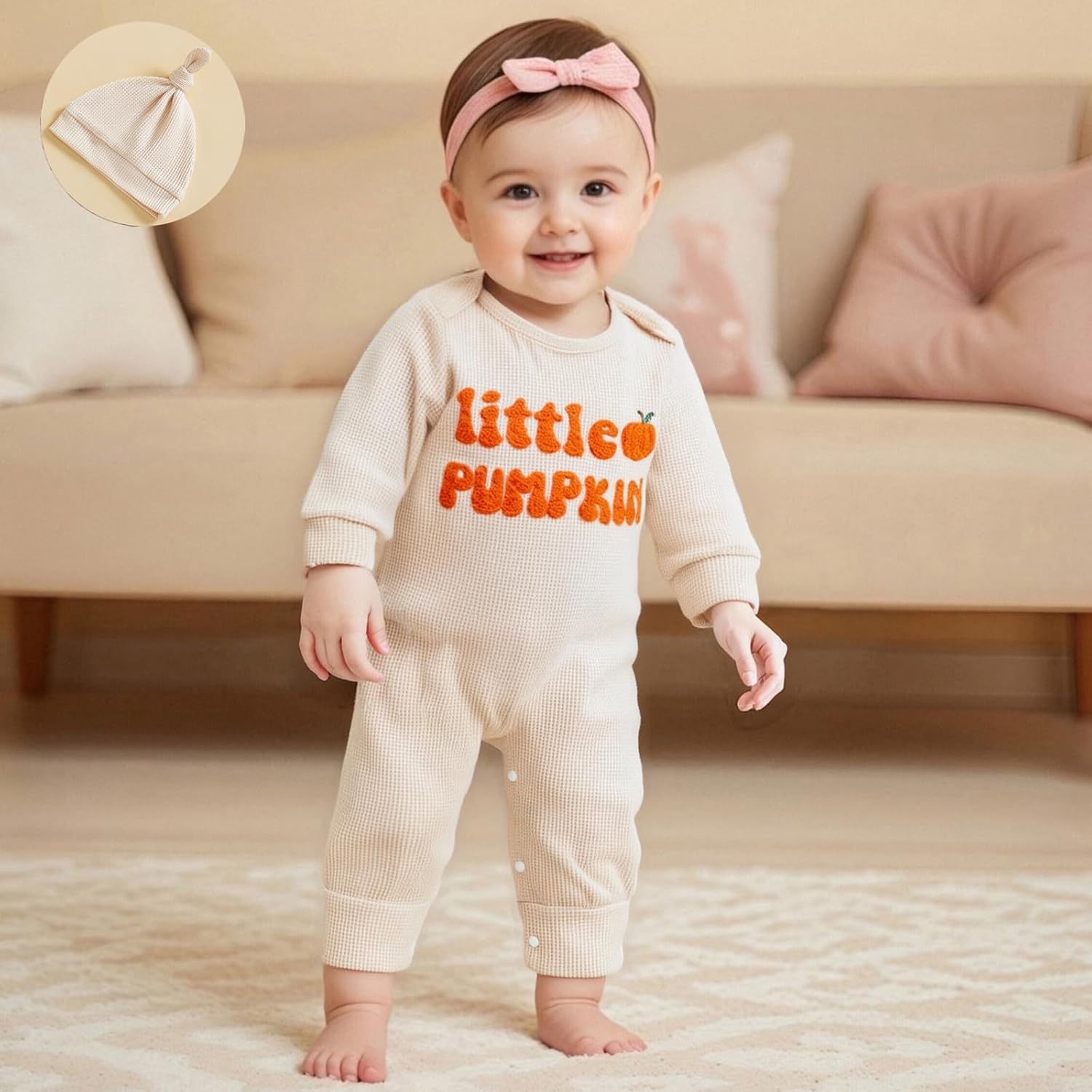 Newborn Baby Boy Halloween Outfit Little Pumpkin Waffle Knit Romper Jumpsuit Long Sleeve Knitted Bodysuit with Hat - Image 4